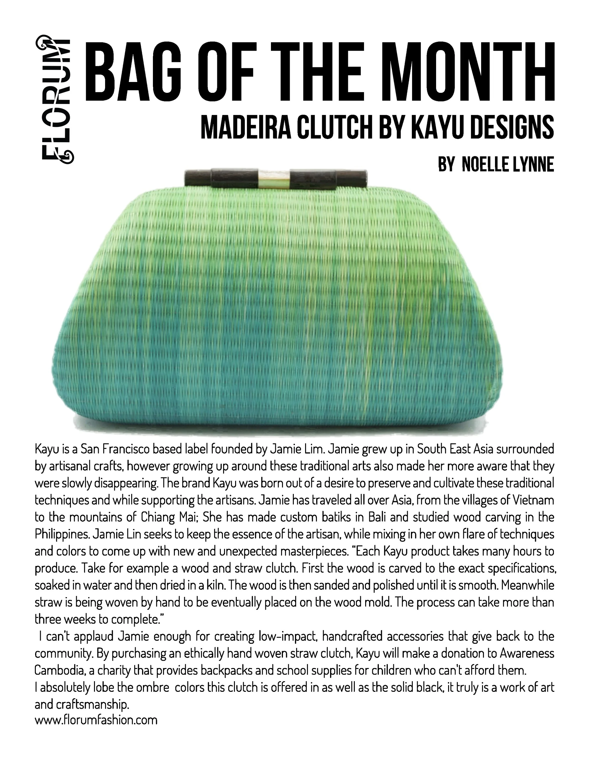Noelle Lynne Florum Fashion Magazine Sustainable Bag of the Month Madeira Clutch Kayu Designs