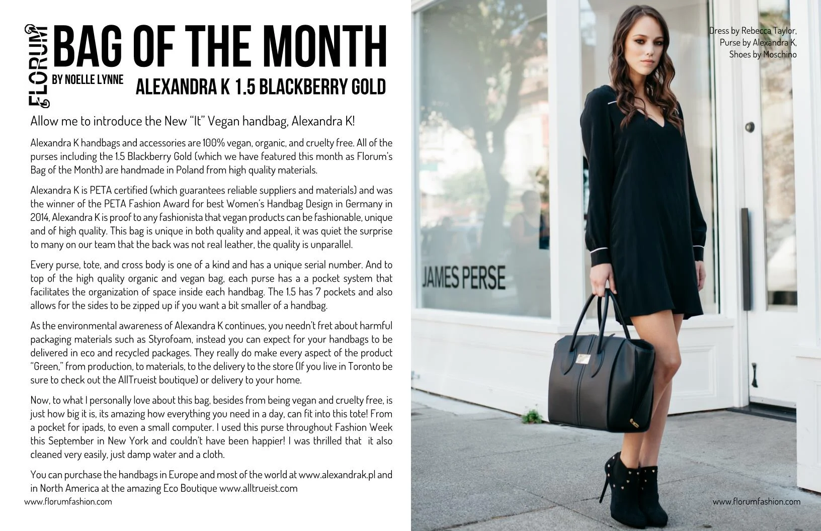 Noelle Lynne Florum fashion magazine Bag of the month Alexandra K vegan purse Cate Chant Ethical Handbag