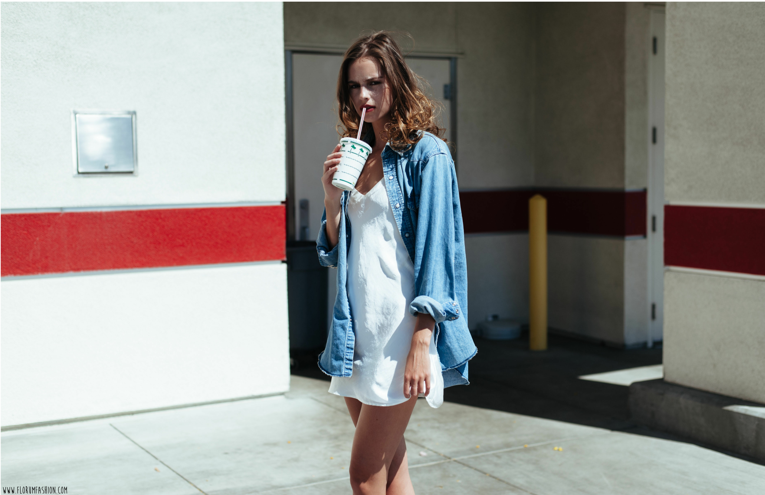 white silk mini dress / cloud hunter co.vintage denim shirt with vintage floral patches / bliss and mischief