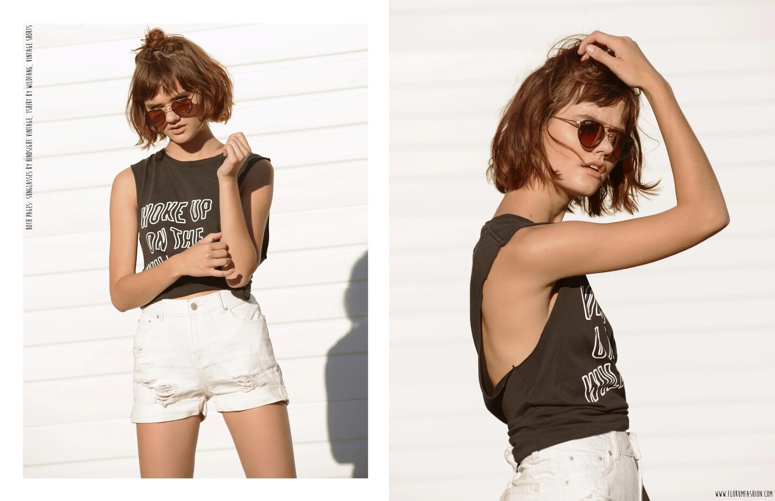 Both Pages: Sunglasses by Hindsight Vintage, Tshirt by WildFang, Vintage Shorts