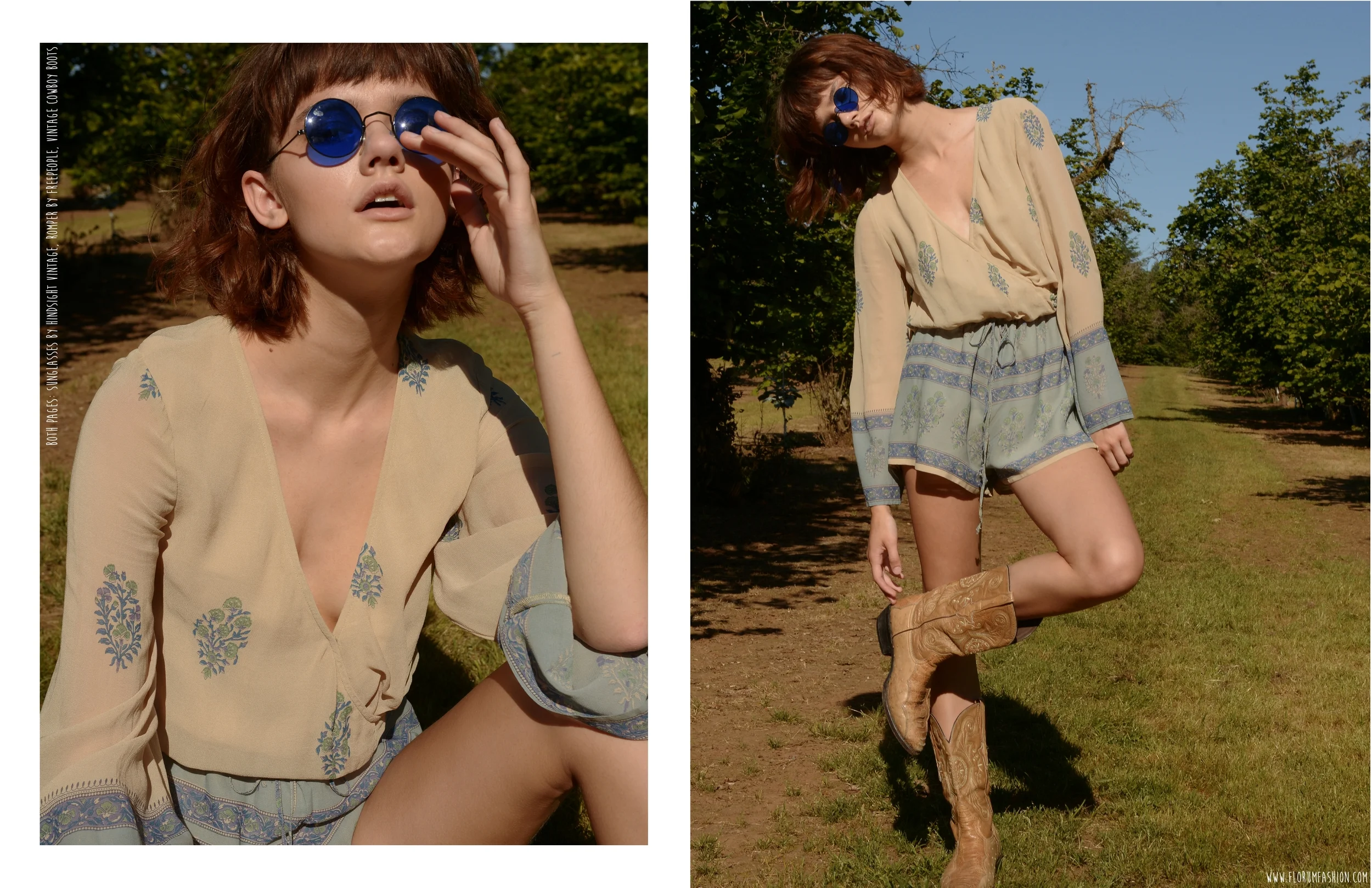 Both Pages: Sunglasses by Hindsight Vintage, Romper by Free People, Vintage Cowboy Boots