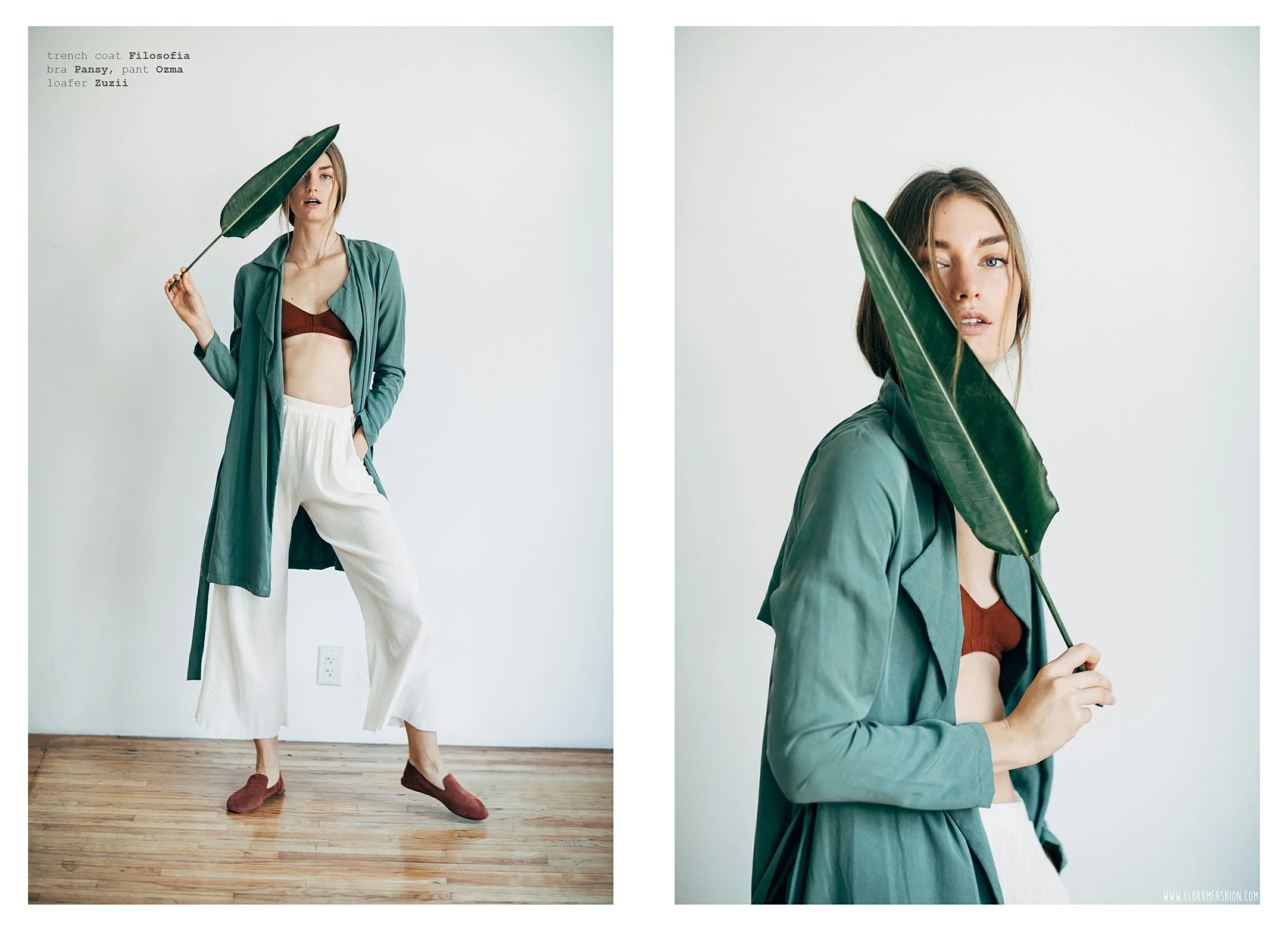 trench coat FILOSOFIA bra PANSY pants OZMA loafer ZUZII