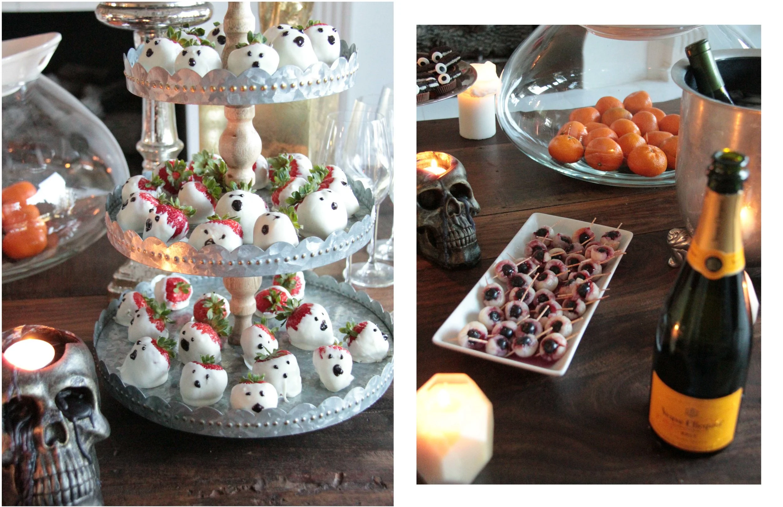 halloween party ideas Florum Fashion Magazine Beeswax Northern Lights Candles lychee eyeballs breadsticks veuve clicqout champagne creepy cute freaky Noelle Lynne oreo bats skulls chocolate covered strawberries