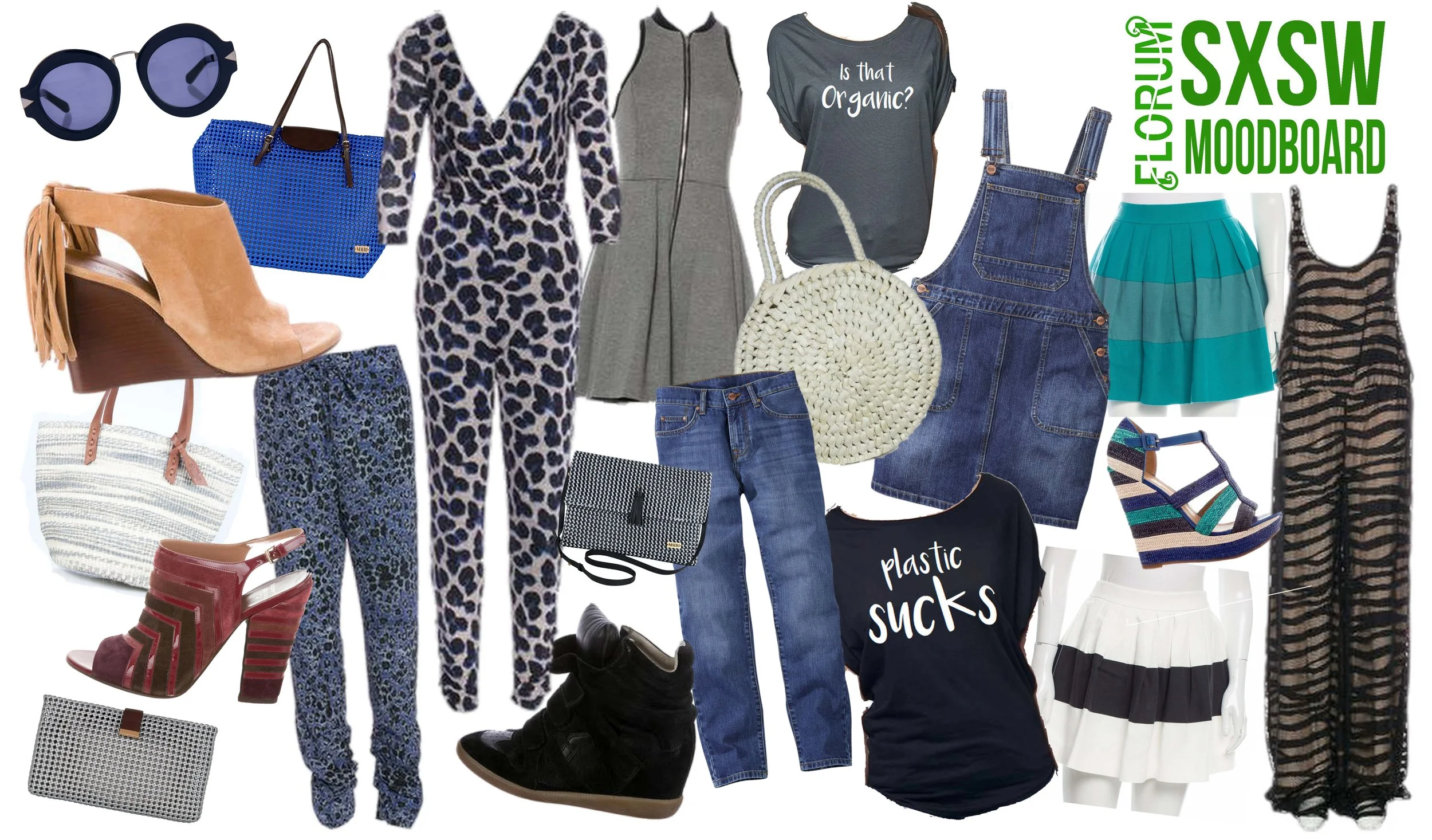 As you can see my mood board for SXSW has alot of blues, blacks, &amp; greys with a splash of white and turquoise. My shoe selection is all very low heeled, and both supportive and comfortable. You might notice that I plan on wearing a lot of skirts…