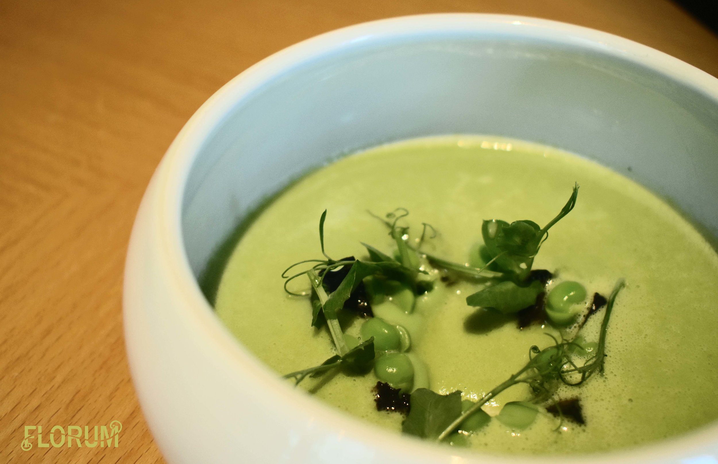 My first course was a lovely asparagus pea soup, I really wish I had been able to catch the presentation as it happened, as the soup was poured into a halo of greens,