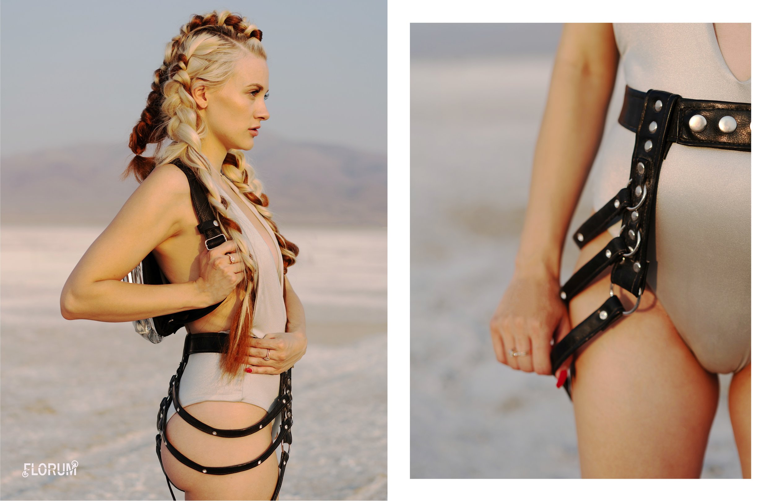 Playa Style Guide for burning man fashion -Florum Fashion Magazine creative director Noelle Lynne - photographed by Joy Strotz - braids and makeup by Rosa Mercedes ethical - sustainable The Glow Strobe - LIdo Bikini - Kylee Morris