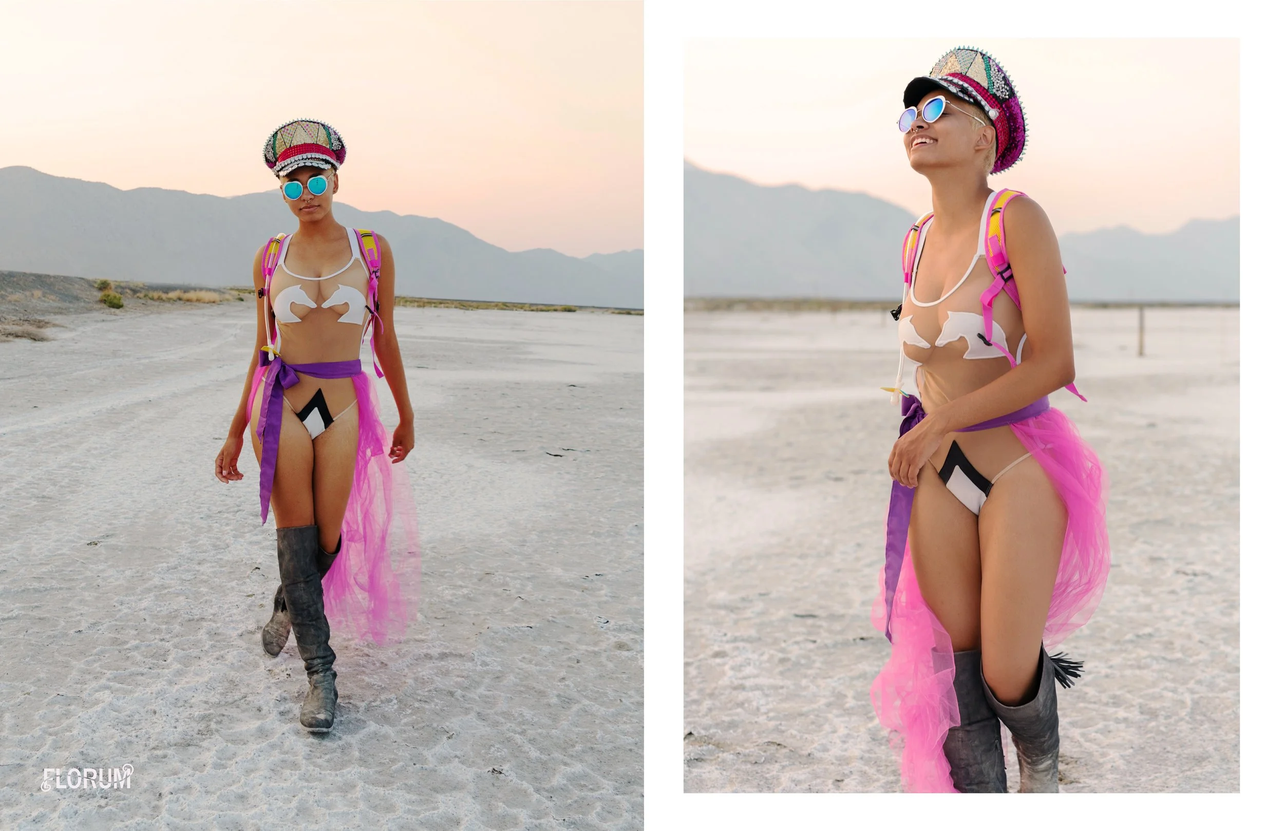 This 'Tutu Tuesday' outfit was inspired by the pink holographic Dan Pak and styled with a few things from my own closet and Everything a few pieces that I already have To show just how easy it is to put together an outfit out of pieces you might already have, here is a look on Yana for Tutu Tuesday. The horse bodysuit is actually a one piece swimsuit, that I have had for years. The adorable tutu with the satin ribbon was added to my costume collection after burning man last year, it was handmade by my friends own mother with just a few materials and some satin ribbon. The blinged out captain hat was made by my friend in London, it is amazing the creativity that burning man brings out.