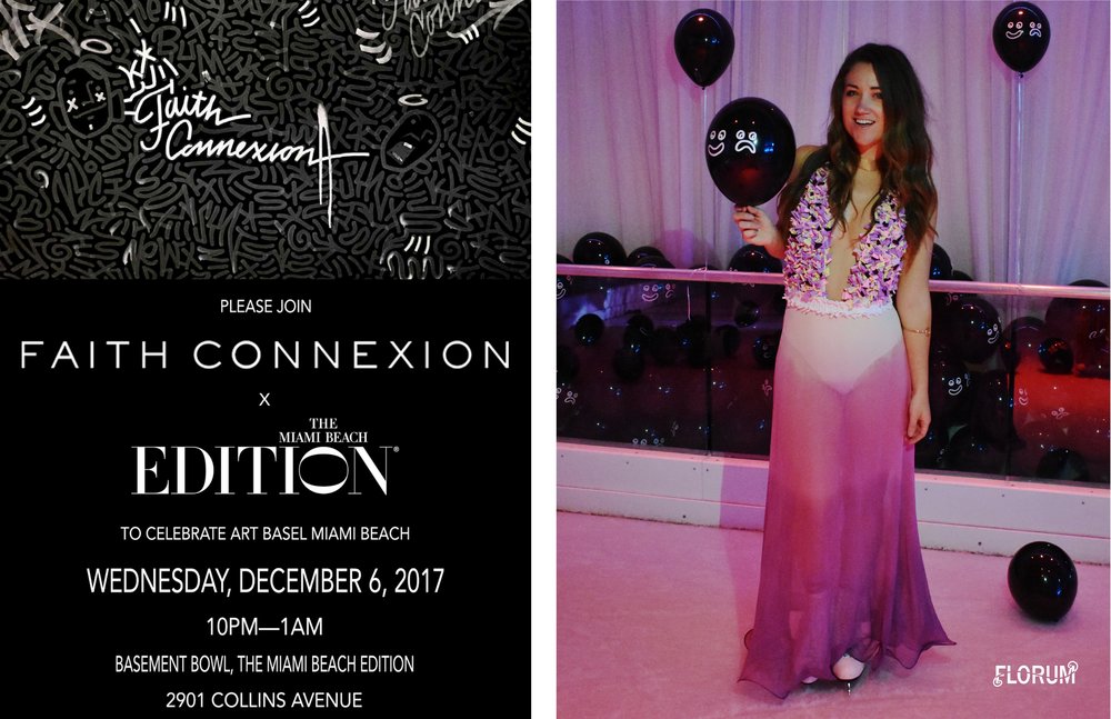 One of my favorite parties of the week was the  Faith Connexion  party at the Miami Beach Edition (please do yourself a favor by adding this hotel and venue it to your list of places to visit in Miami). The Basement of the Miami Beach Edition has three things I love; a nightclub, bowling alley, and an ice skating rink.   Faith Connexion is a brand from France  that is known for its collective that builds up organically through layered encounters, unafraid to integrate diverse aesthetic perspectives. This label is very much street meets glamour, with graffiti artists spray painting jackets, jeans and sweatshirts, inspiration born from the walls of vacant lots. The authentic luxury of a graffiti painted-to- measure.  I wore a one piece bathing suit that was made of recycled polyester swimsuits and a beautiful hand dyed silk cover up to the party (hey it’s Art Basel, anything goes right?) from  Miami based sustainable designer Seajasper .