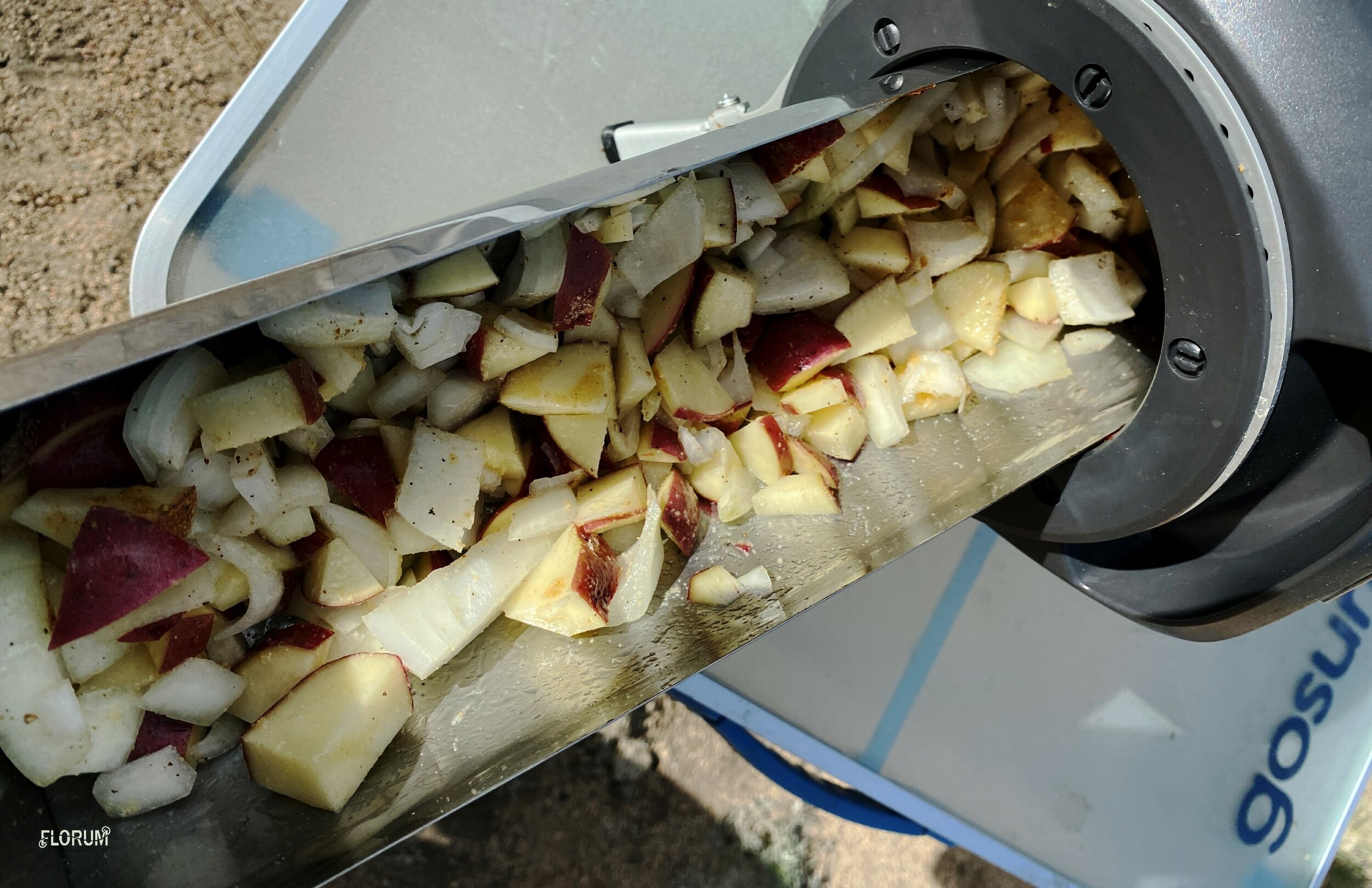 The first cooking step is onions and potatoes, depending on the sun this can take anywhere from 30 mins to 70 mins.