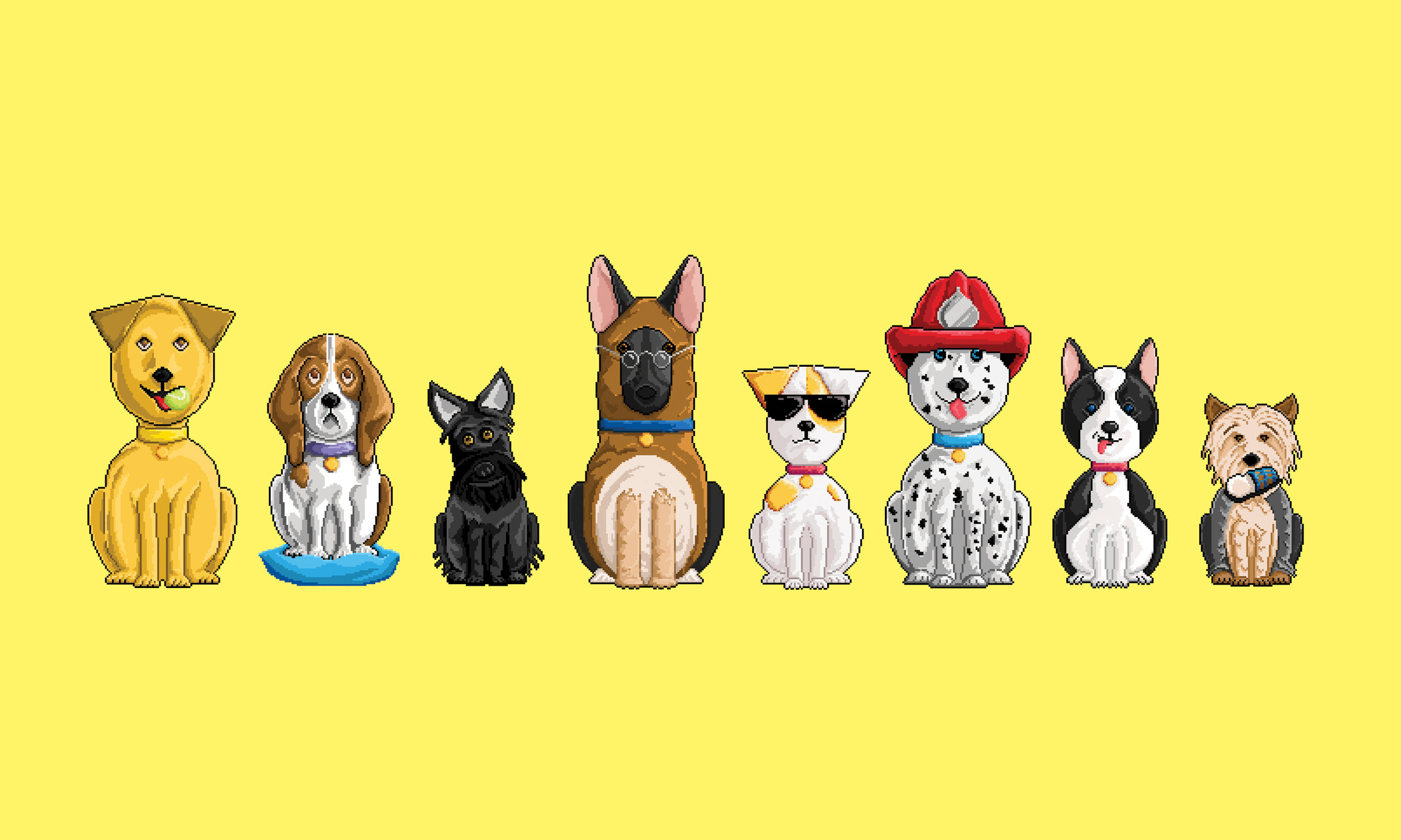 The Mega Bites; puppies that are actually just for Christmas… because they’re Tamagotchi’s and not real. To add some personality to these nineties relics, we created different characters to choose from. I drew each character in illustrator before the amazing Jordan Murphy hand pixelated them, painstakingly, to get the retro gaming feel we were after.