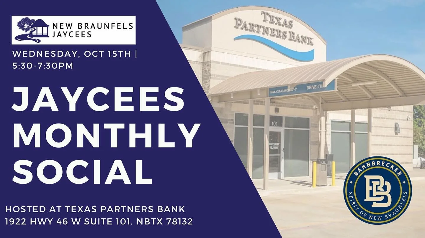 We hope to see you this week at our Monthly Social! October 15 at 5:30 🗓️

Thank you to our sponsors, Texas Partners Bank &amp; Bahnbrecker. 

Join us for mingling, community updates and a great time! ✨