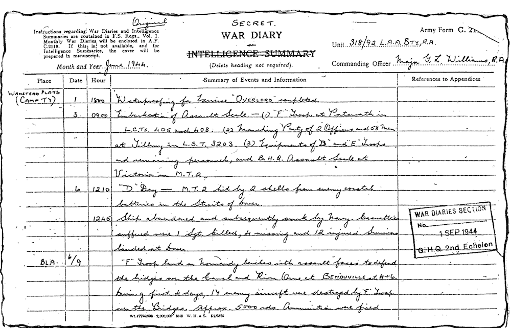 318 Battery War Diary for the D-Day period (1)