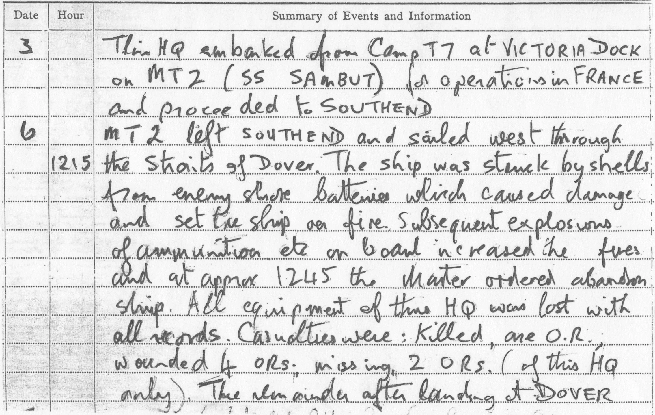 92nd LAA war diary account of the sinking of the Sambut