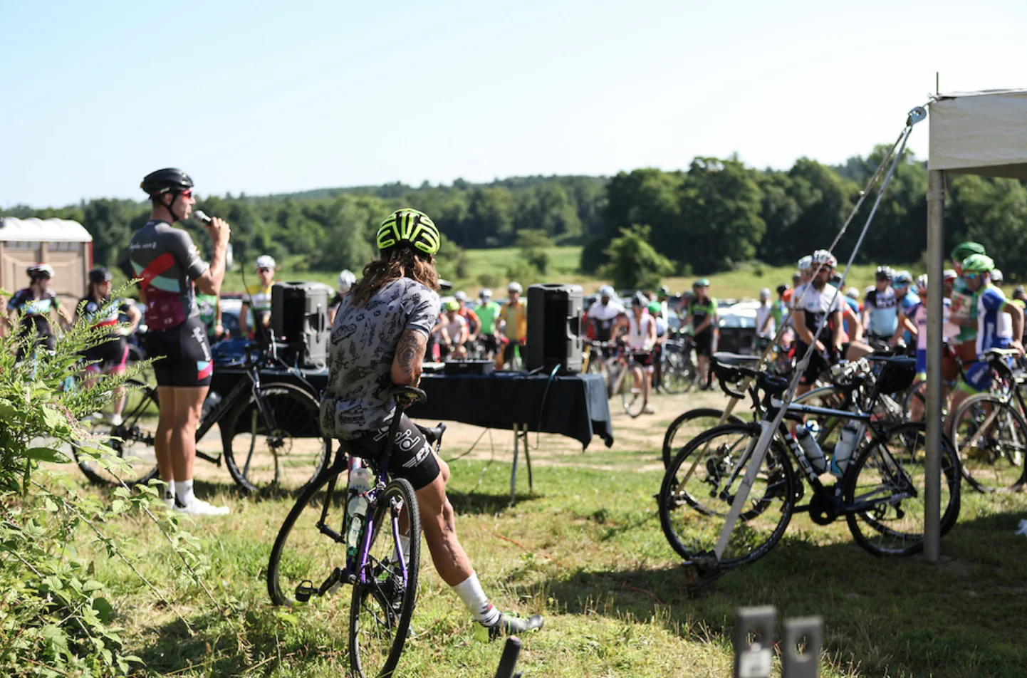 Jeremy Powers provides instructions to all riders before the start of the 2015 Grand Fundo. Photo c. Meg McMahon.