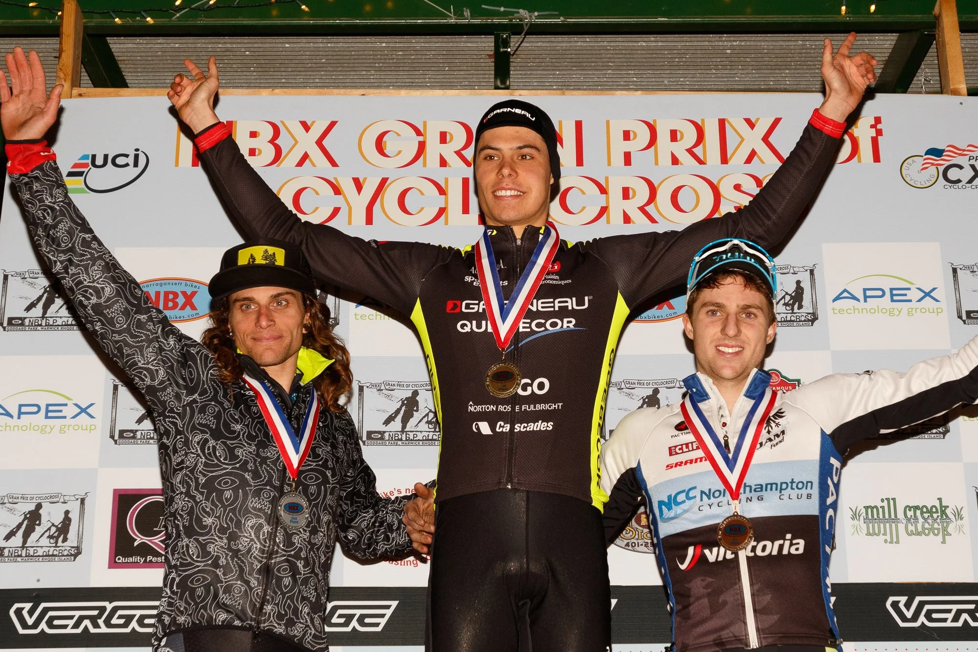 Kisseberth on his first UCI podium. From left to right: Anthony Clark (Squid), Jeremy Martin (Louis Garneau) and Kisseberth (JAM/NCC/Vittoria). Photo by Todd Prekaski.