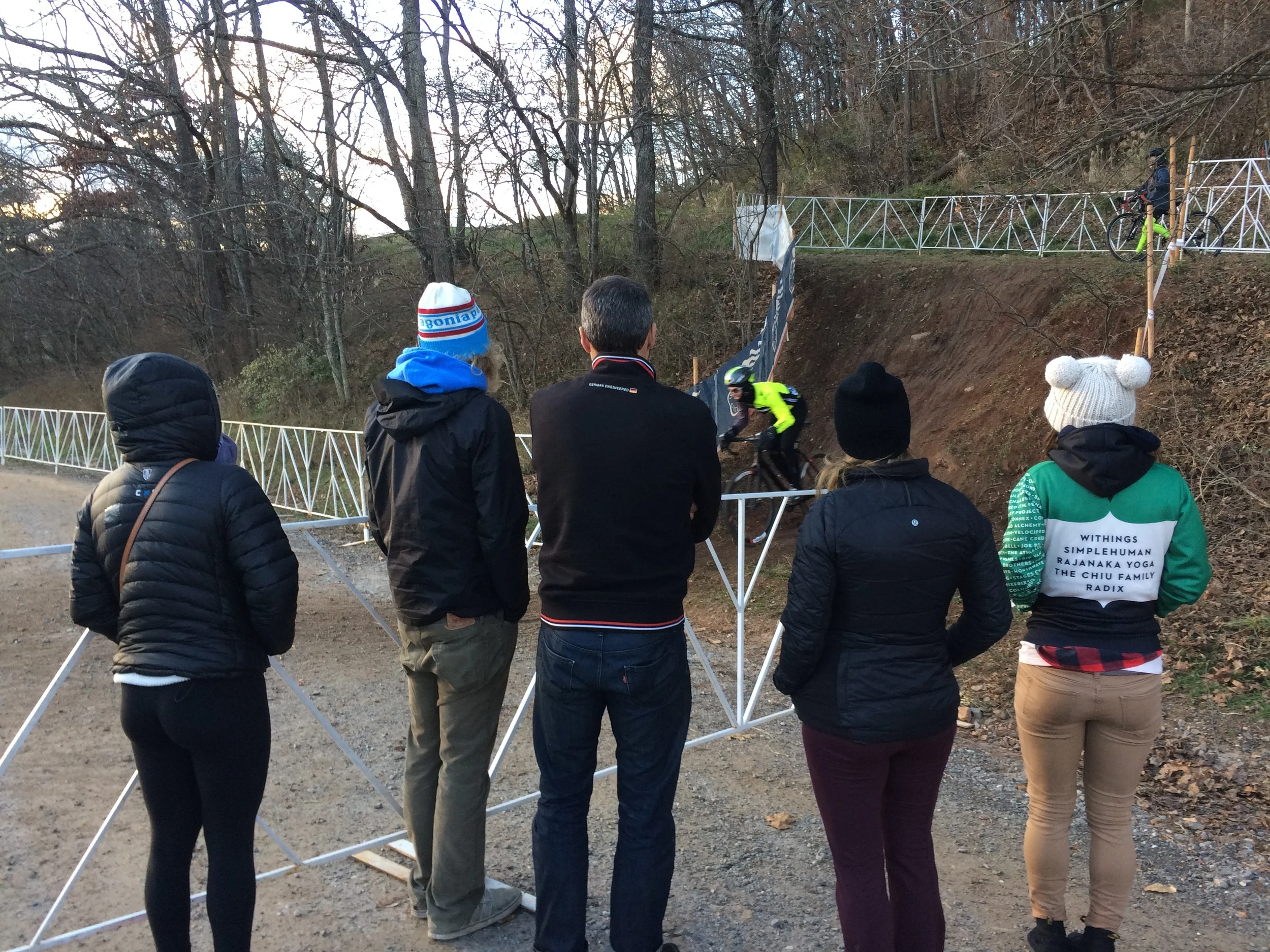 JAM/NCC/Vittoria team and friends survey the Cyclocross National Championship course while riders practice the drop on Jan. 4.