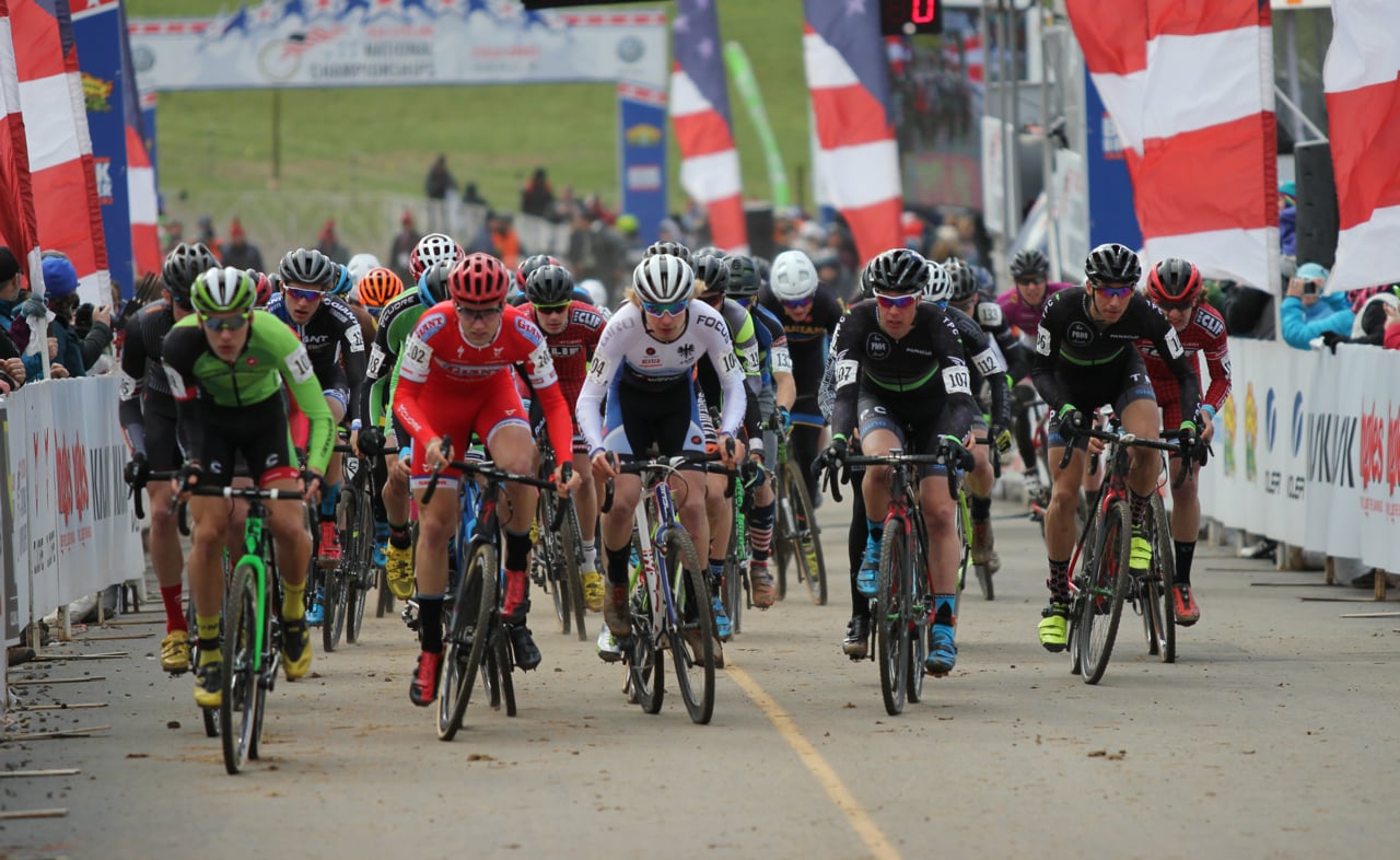 Scott Smith (JAM/NCC/Vittoria) front and center at the start of the U23 Cyclocross National Championships on Jan. 10. Photo by Vicky Sama.
