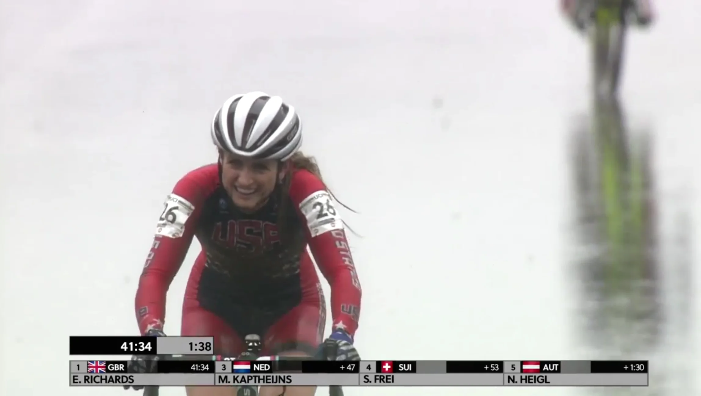 Noble crosses the finish line in 43:16 for 6th place, 1:38 behind winner Evie Richards of Great Britain.