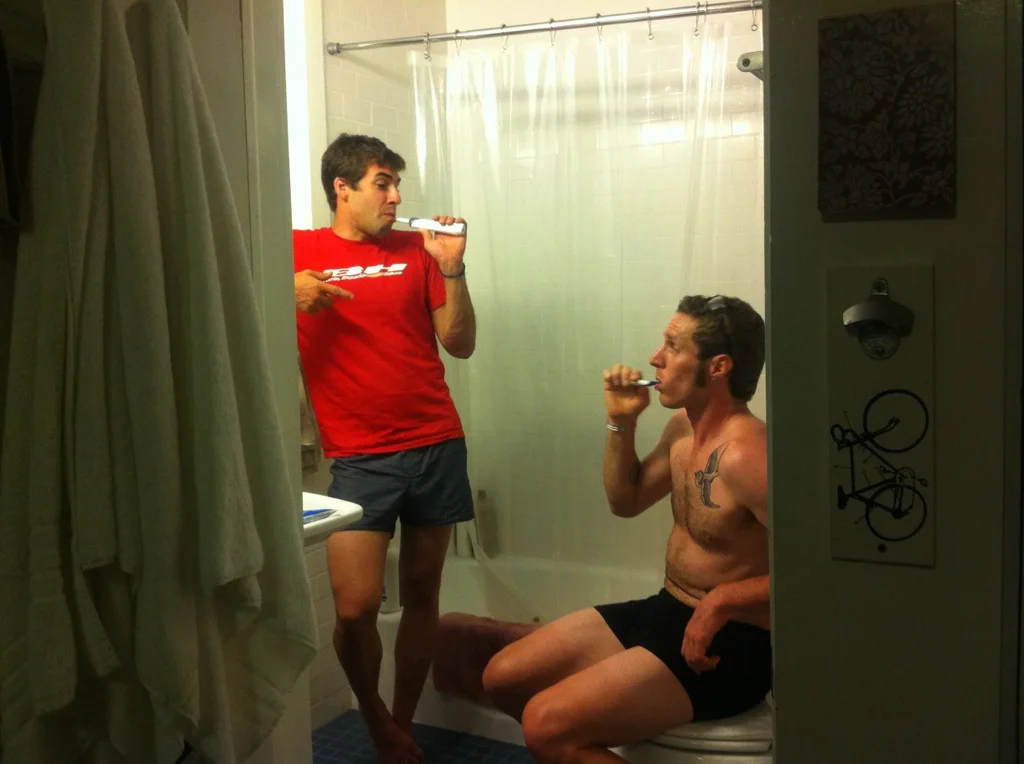 Huff shares a bro moment in Mukunda Feldman's bathroom the week of the 2015 Grand Fundo.