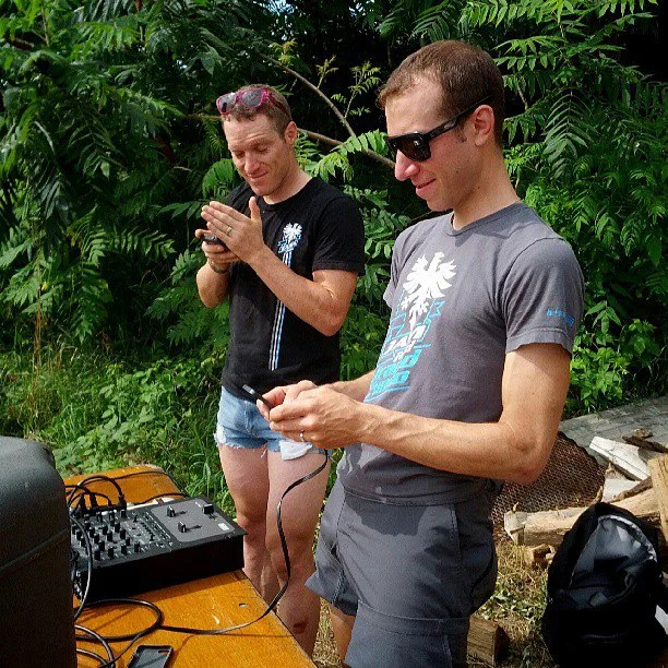 Brad Huff in his "Daisy Dukes" and Jeremy Powers set up for the 2013 Grand Fundo. Courtesy Brad Huff.