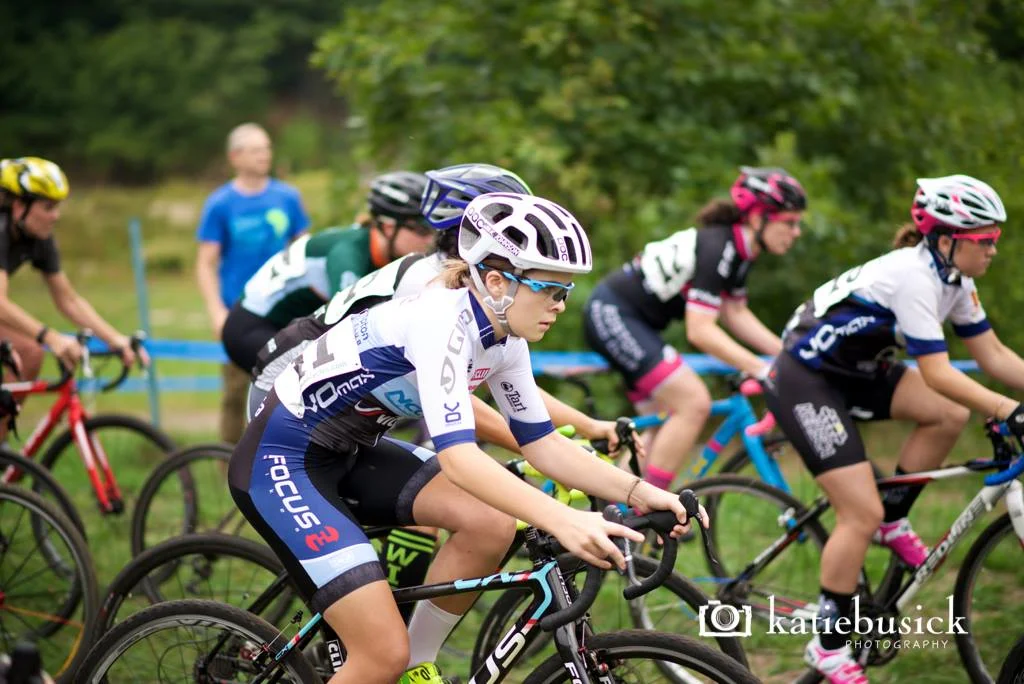 Katie Johnson (center) and Anna Savage (right) gunning it from the start at the Quad Cx on Sunday. Photo by Katie Busick.