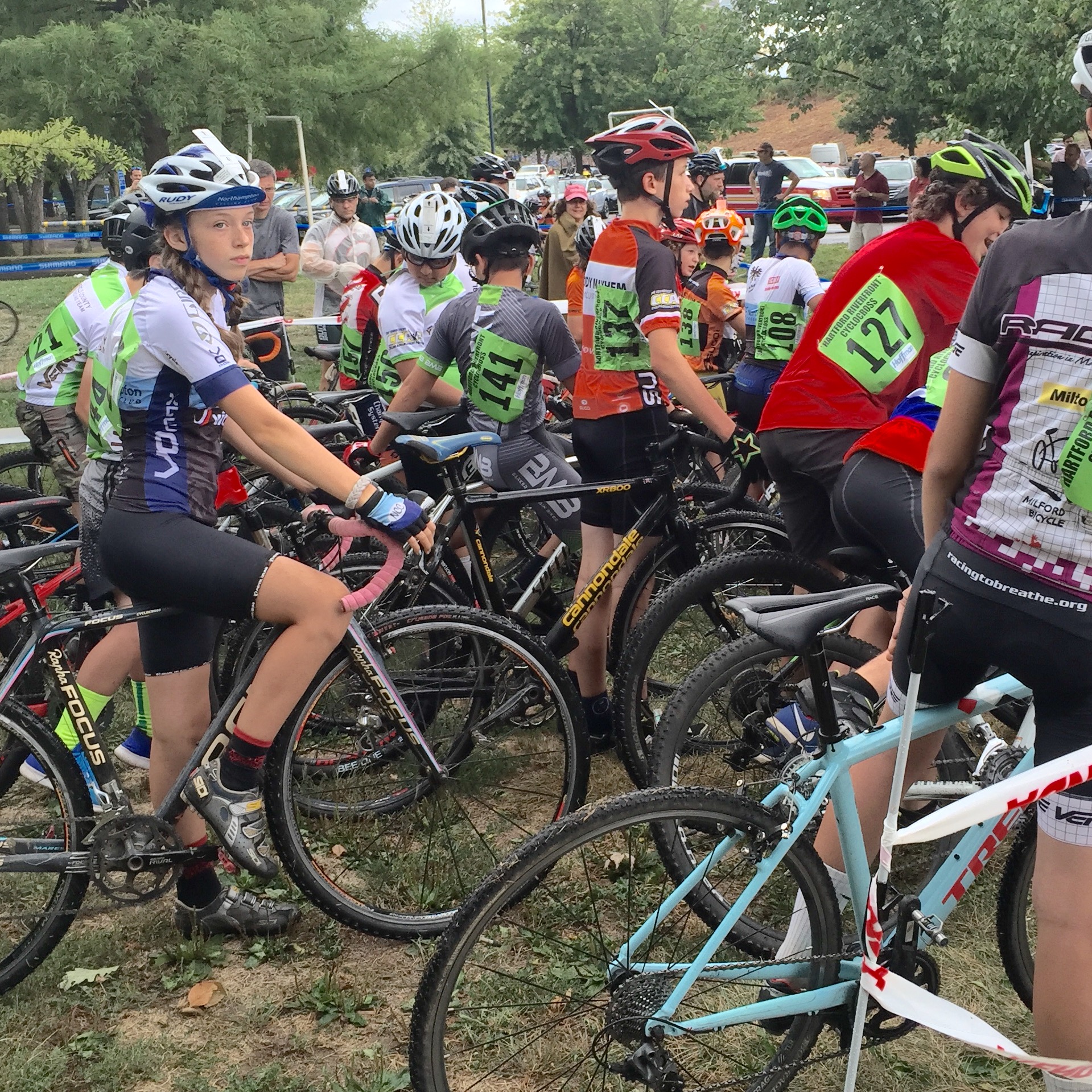Mira Fowler ready at the start of the juniors 13-15 race at Silk City on Saturday. Photo by Jeff Fowler.