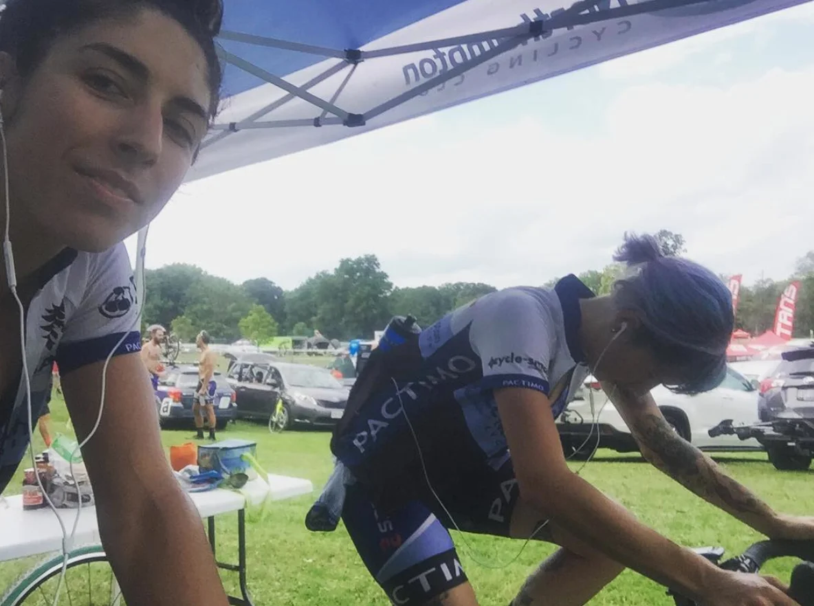 Natalie Tapias and Rhy May warm up for the first UCI cross race of the season. It was more than 100 degrees in Rochester when their race started at 2:30 p.m.