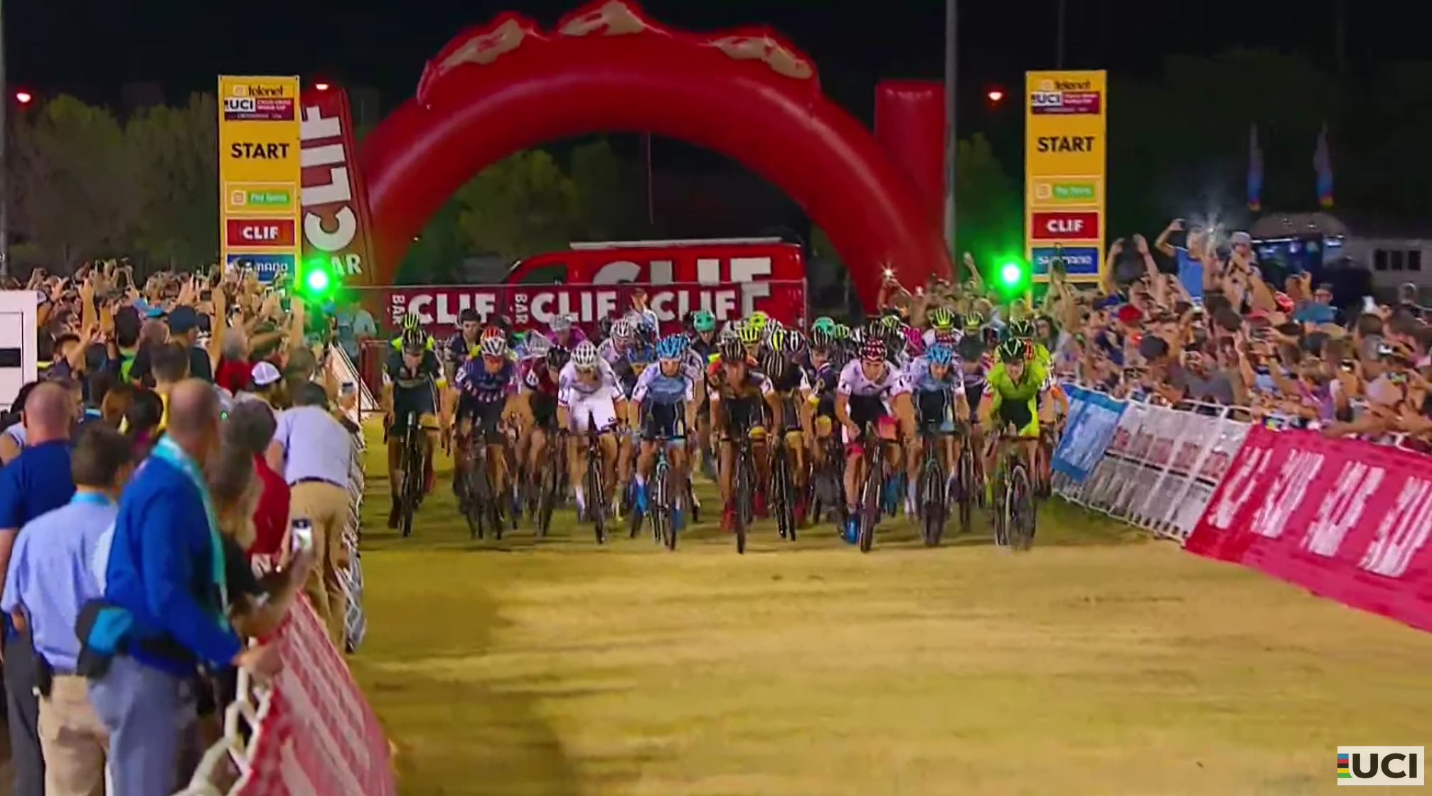 Fifty-eight riders sprint at the blistering start of the men's race at Cross Vegas World Cup on Wednesday night. Look closely over the shoulder of the world champion in white and you'll see Scott Smith in his white Kask helmet. 
