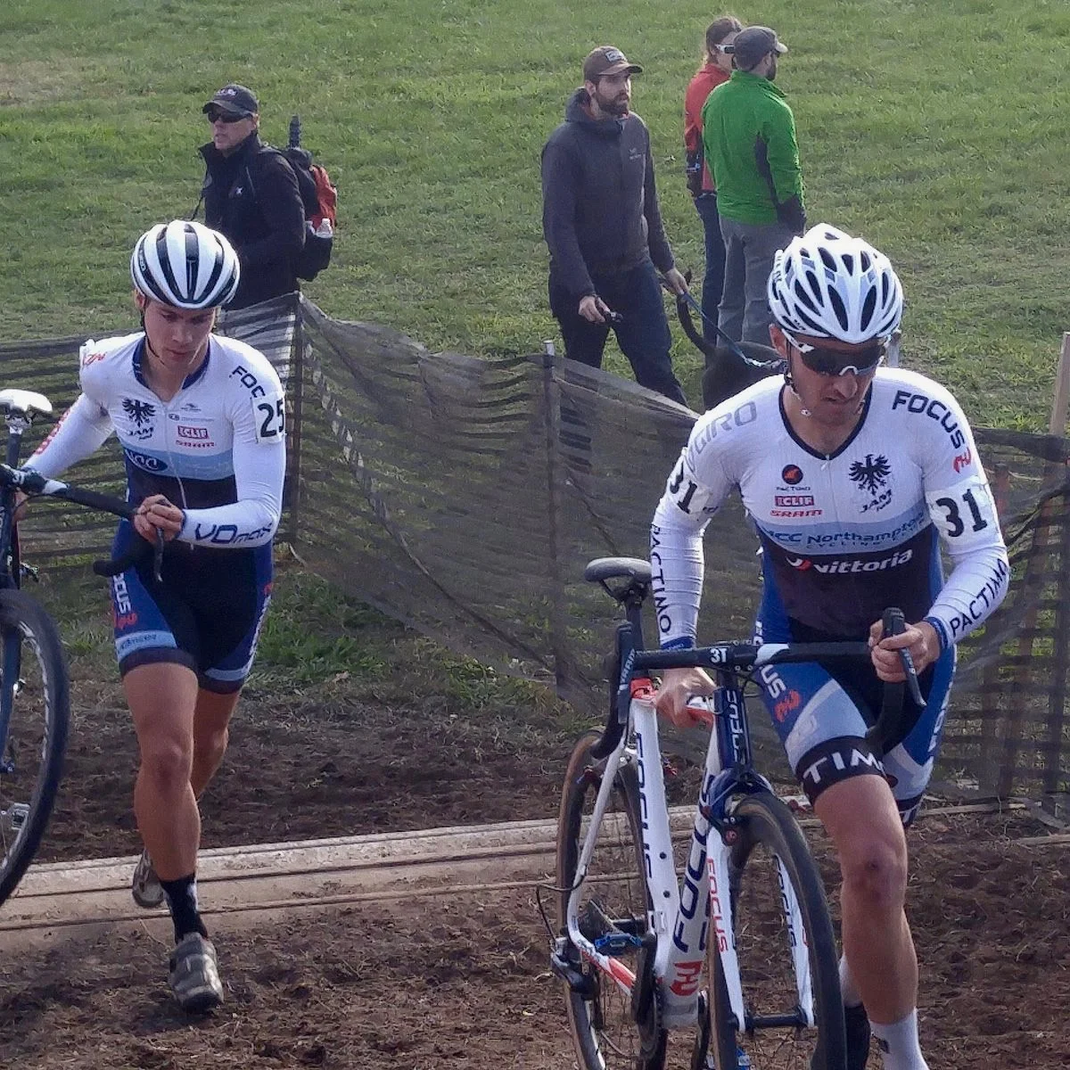 Case Butler (left) and Trent Blackburn (right) representing JAM/NCC in the pro men's UCI race on October 15. Blackburn finished top five in the U23 on Saturday, and Butler got top ten in the U23 on Sunday.
