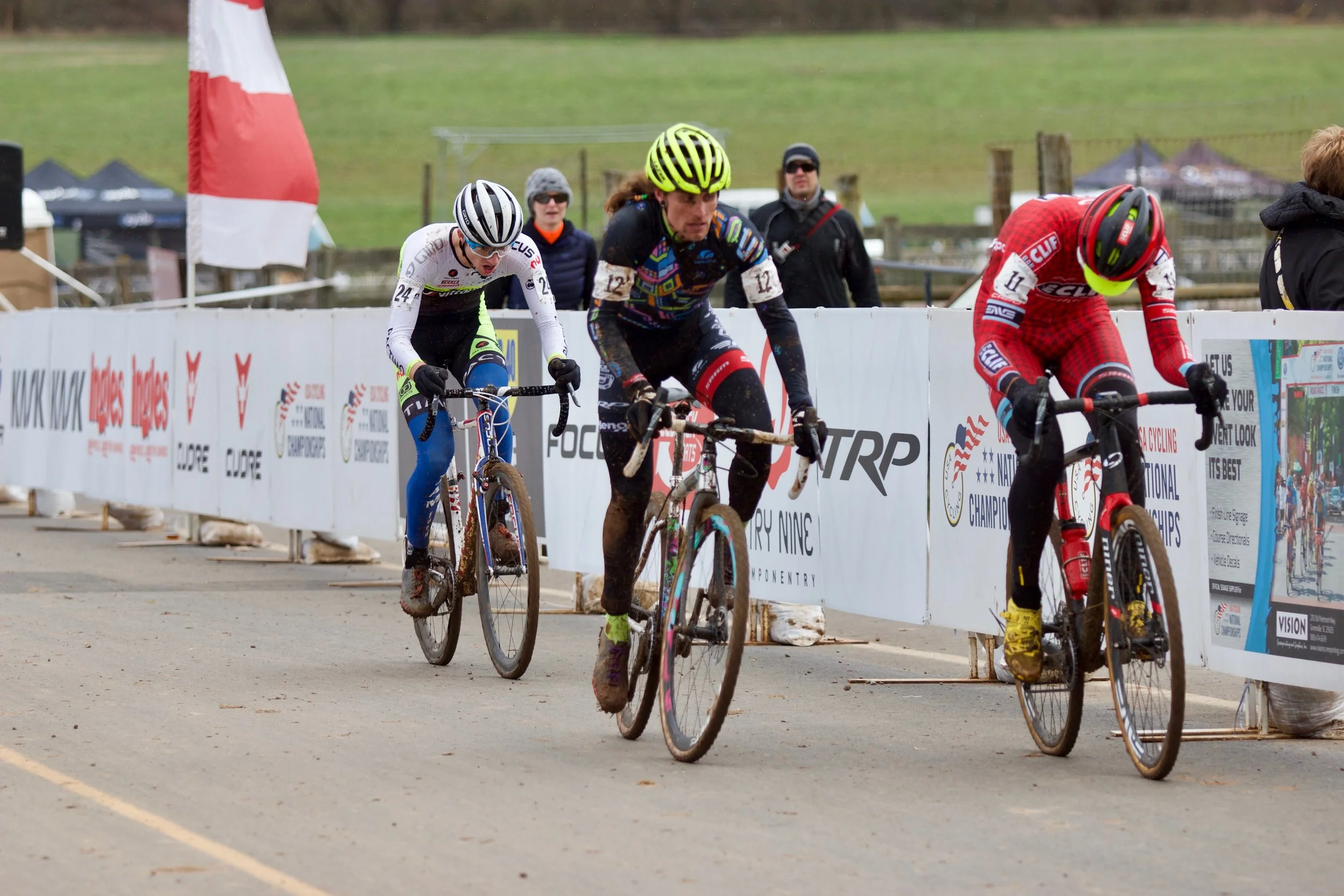 Jack Kisseberth on his last lap behind JAM Fund alum Anthony Clark (Squid Bikes) at the 2016 Cyclocross National Championships in Asheville, North Carolina. Kisseberth finished just outside of the top ten. Photo by Vicky Sama.