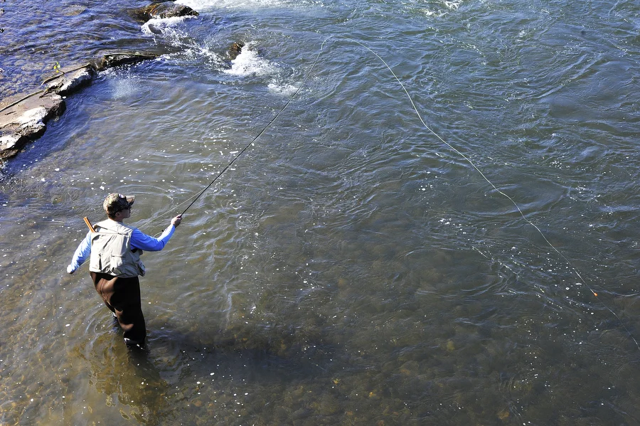 Joe Kulesza of Marlboro, Md. casts his line in the South River during the Waynesboro One Fly Fishing Tournament on Saturday, April 26, 2014, near Constitution Park in Waynesboro. The tournament was put together by the Shenandoah Valley chapter of Trout Unlimited and competitors could earn over $1000 in prize money.