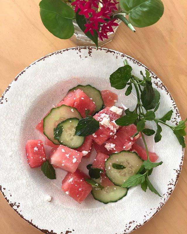 First day of summer and we have the perfect salad to start it off... Watermelon Salad 
#summer#fresh#mint#cucumber
#feta#watermelon 
#livemusic#summersolstice#love
#❤️