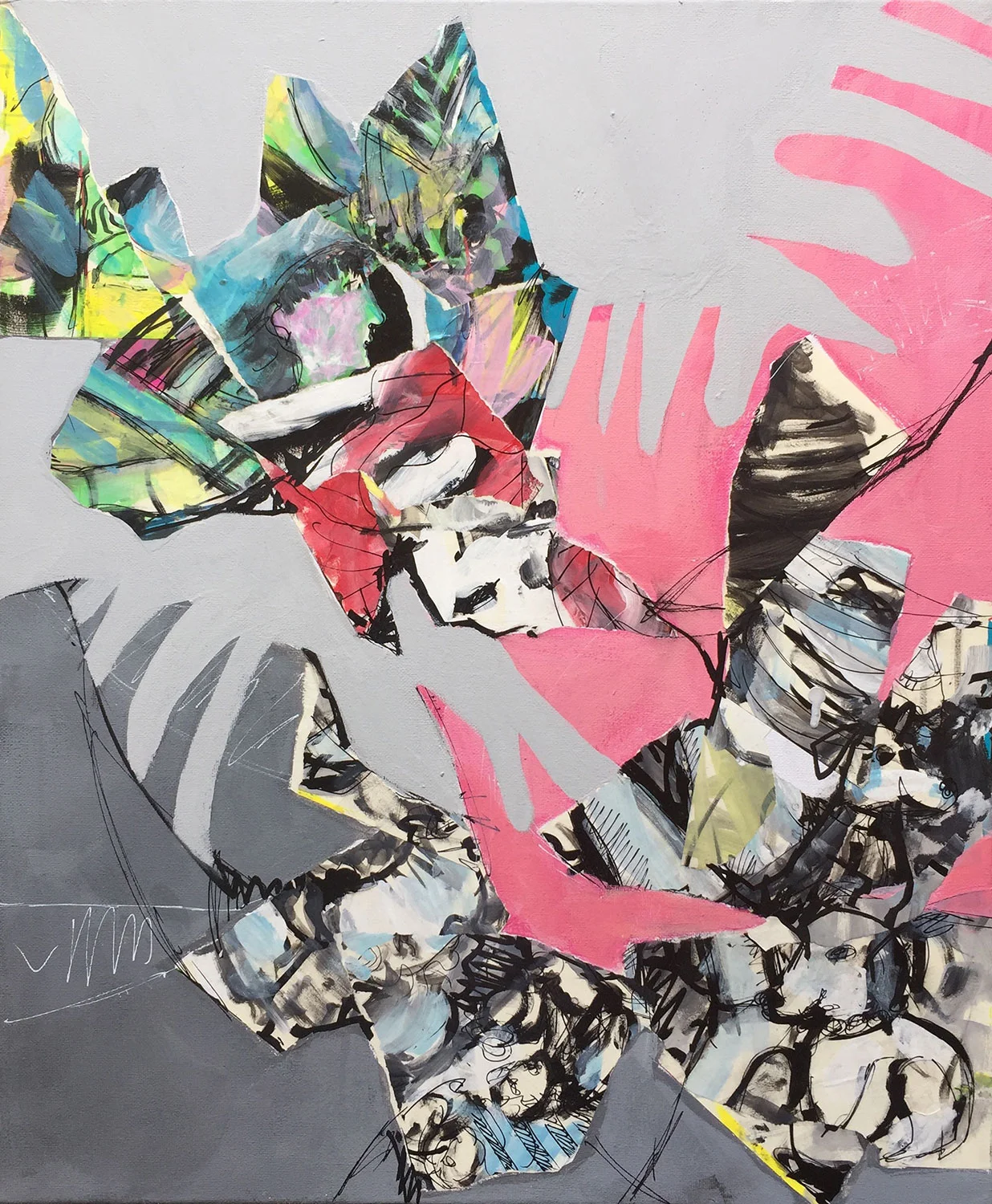 Elizabeth Casqueiro FRAGMENTATION/RECONSTRUCTION Life goes through periods of unified calm, only to be torn apart by any number of life events, and finally to come together in a new balanced form, distinct from the original state. In Casqueiro's recent work, she explores this cycle of fragmentation and reconstruction. She creates images on paper of memories, experiences, and random thoughts, tears them up, and brings them together in a satisfying composition. Mirroring life, the results are surprising and often beautiful, and reveal new truths and perspectives that she had not considered before.