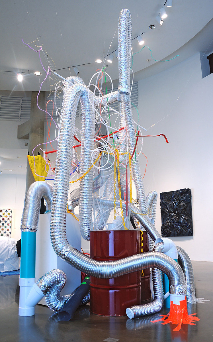 Untitled ; Silver. Barrel, wire, aluminum duct, pvc pipe, plastic, clip, fishing line, duct tape, chain. Installations variable. 2016