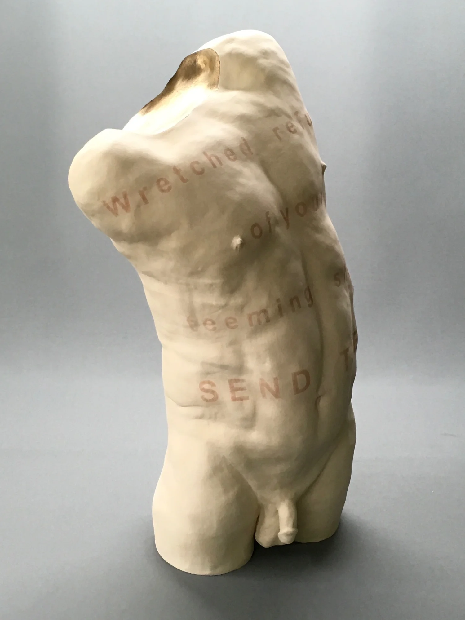 America Ceramic, underglaze, iron oxide lettering, luster 26" x 13" x 12" Click image to enlarge ⦿ Inquire