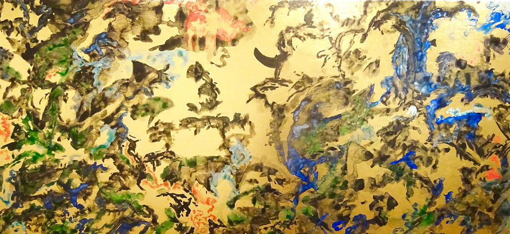 Wilderness Acrylic on gold lamé 26” x 57” $3,200 Click here to inquire .