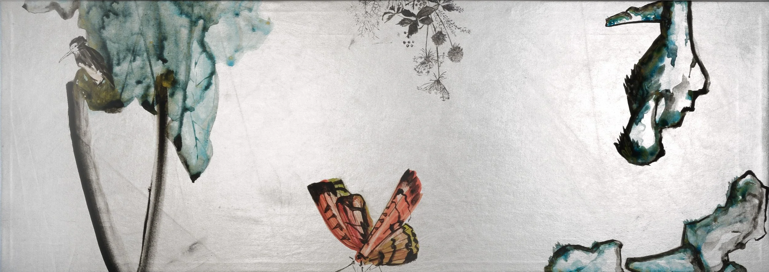 King Fisher and Butterfly Acrylic on silver lamé 13” x 36” $1000 Click here to inquire