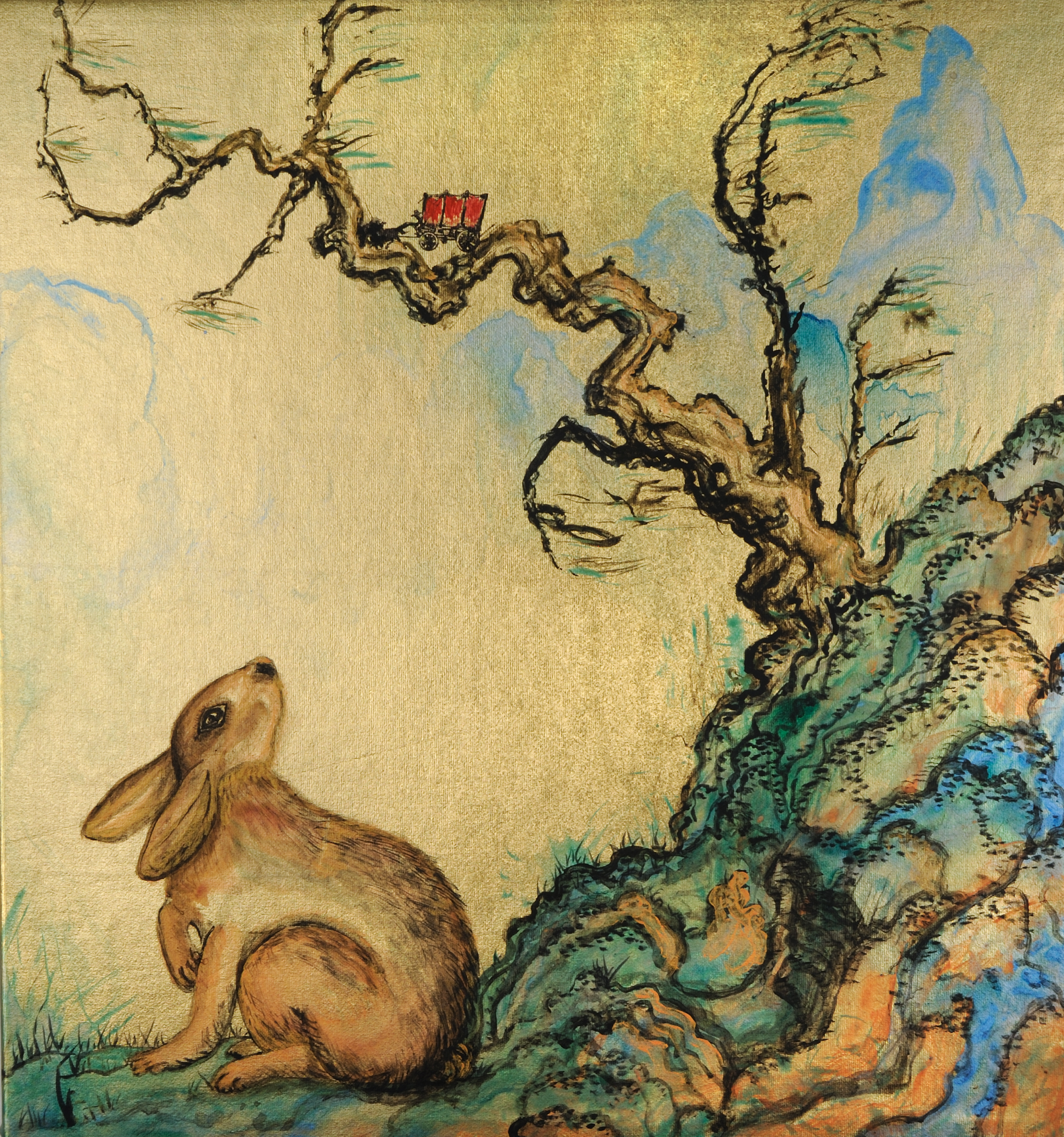 Rabbit and Covered Wagon Acrylic on gold lamé 13” x 12” SOLD