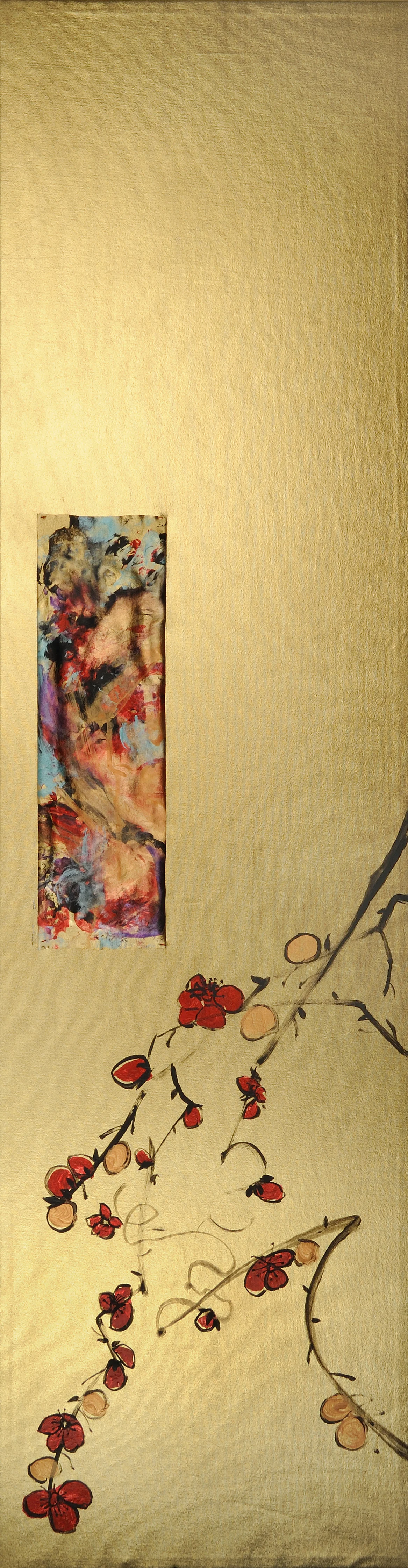 Rama Ciruela (Plum Branch) Acrylic on gold lamé 38” x 10” $700 Click here to Inquire.