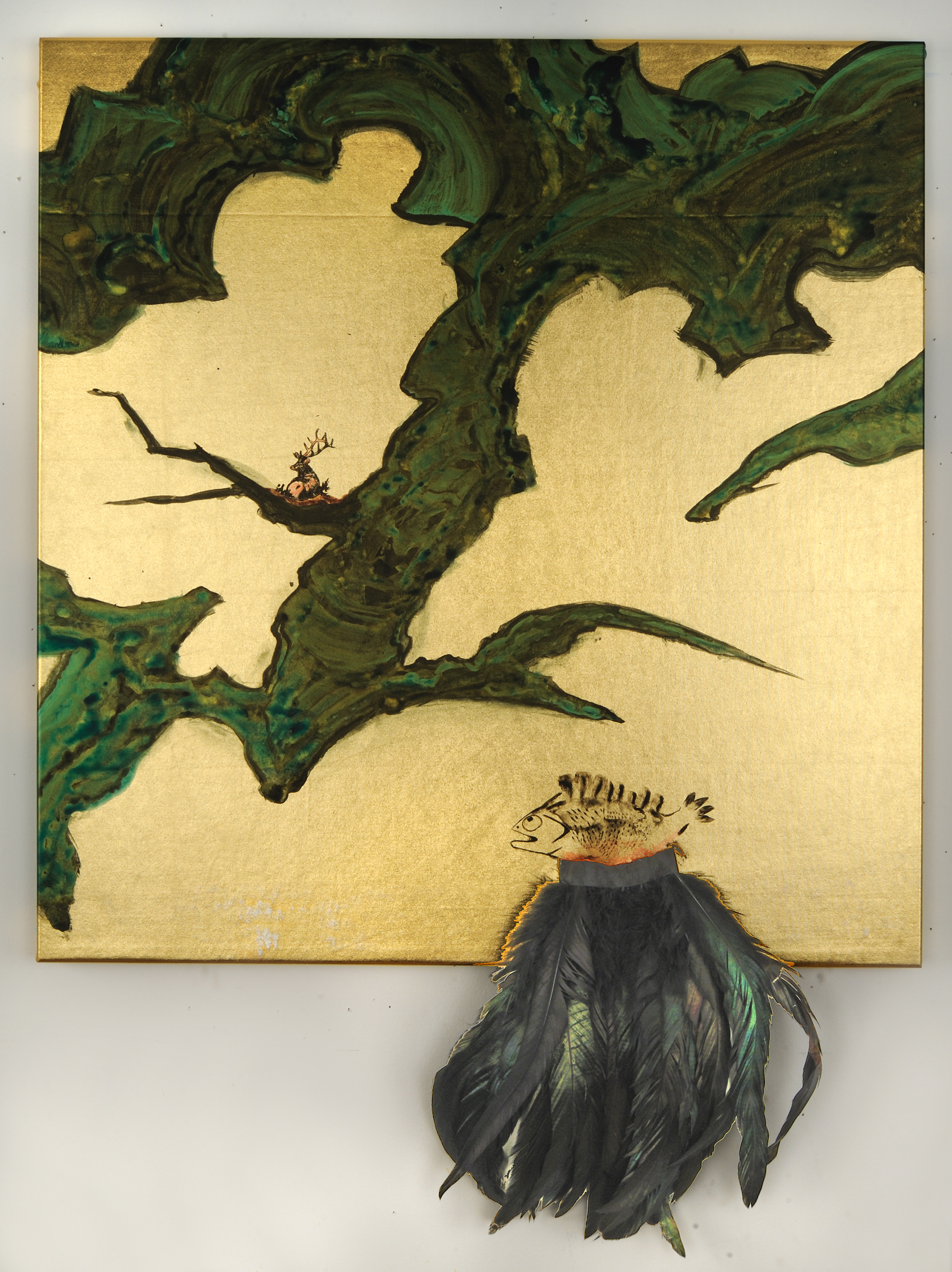 Fish and Tree Deer Acrylic and feathers on gold lamé 22” x 21” $650 Click to Inquire .