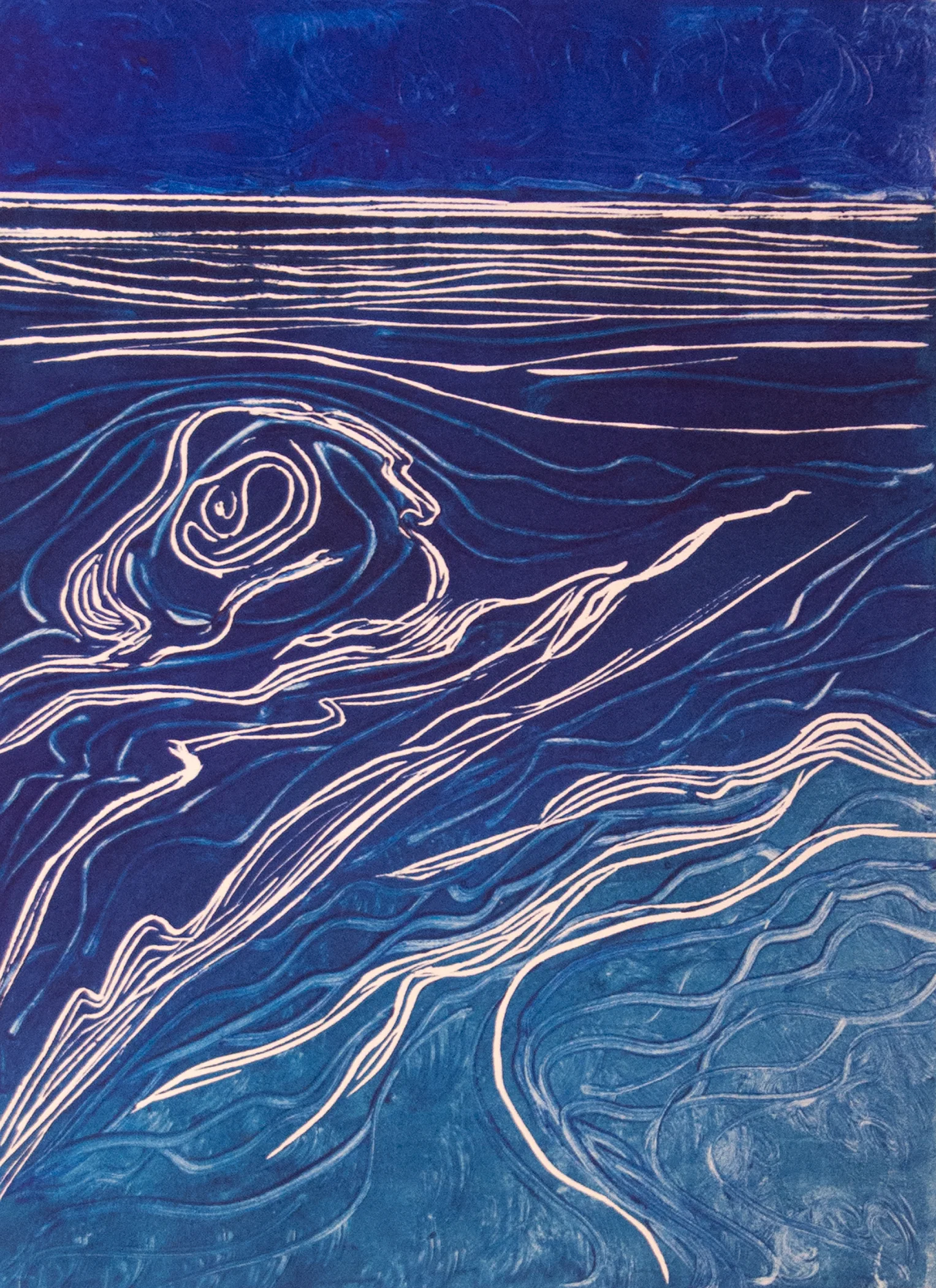 Tidal Currents and Ships' Wakes #3 Hand printed from carved Sintra plate (Varied edition: Stage 3; #1 of 4) 12" x 16" $300 (Framed) Click here to inquire.