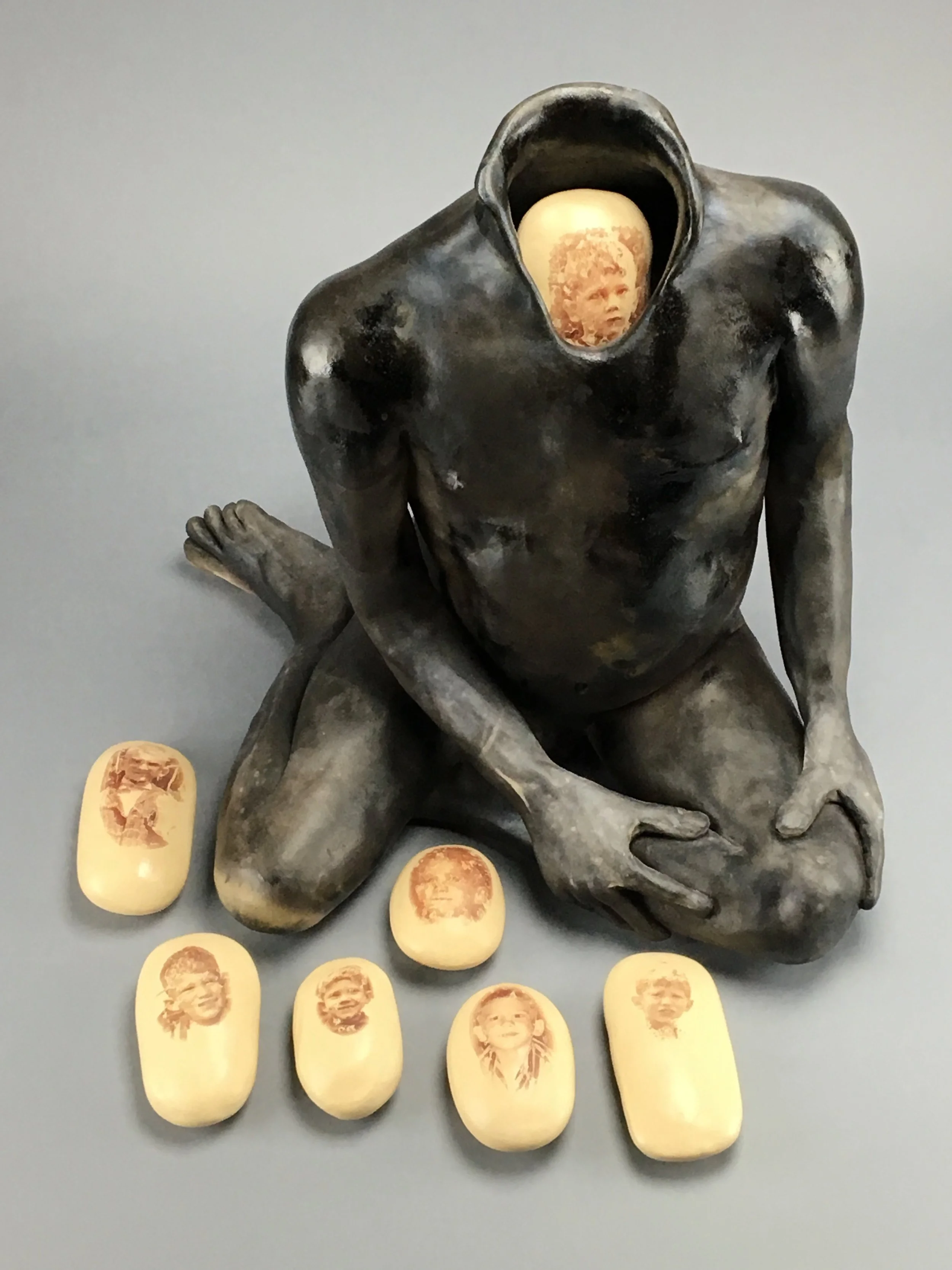 Nest Pit-Fired Ceramic. Eggs: Ceramic, glaze, image transfer 15" x 15" x 17" Click image to enlarge ⦿ Inquire