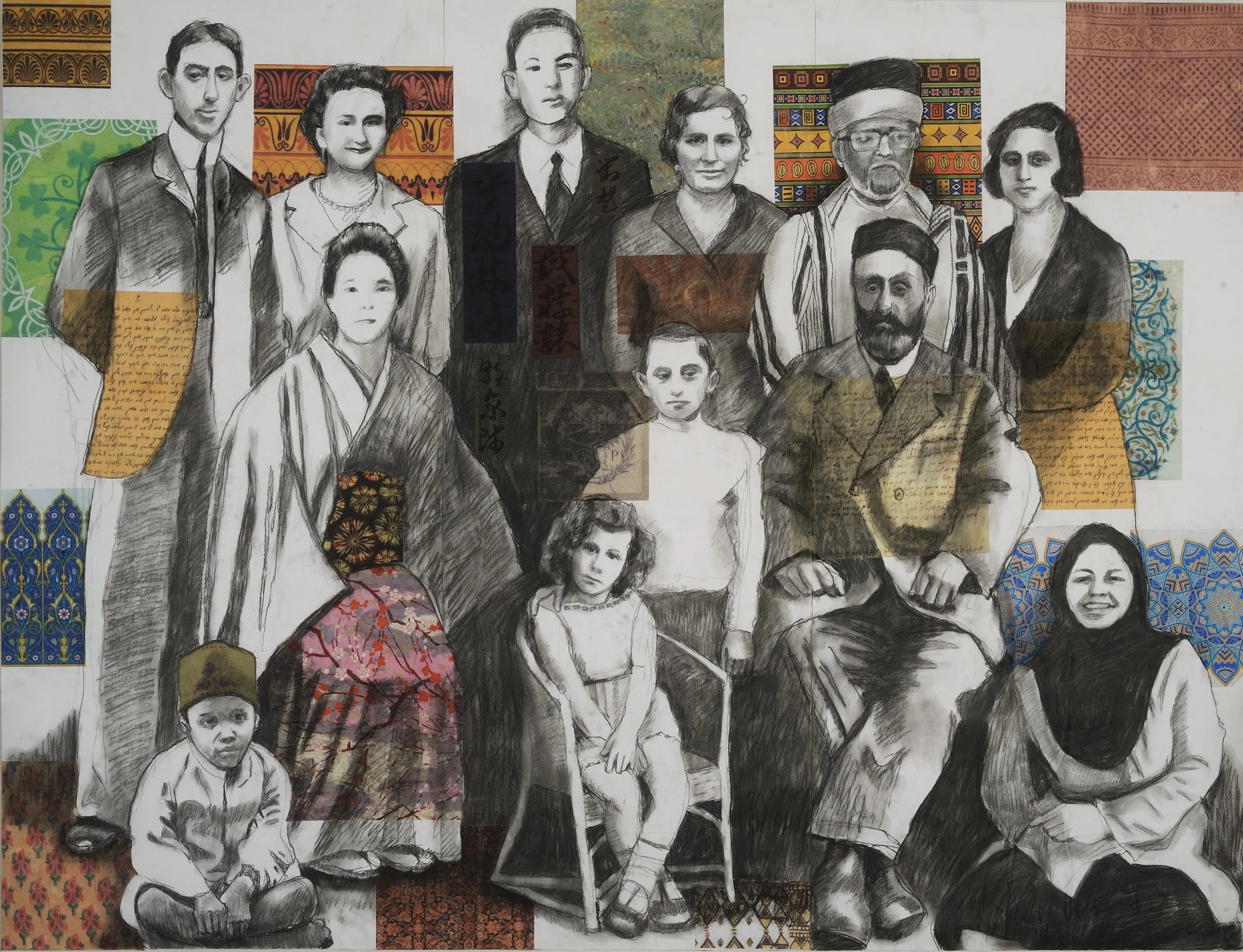 One Family , charcoal & collage on paper mounted on canvas, 52"x40". Inquire.
