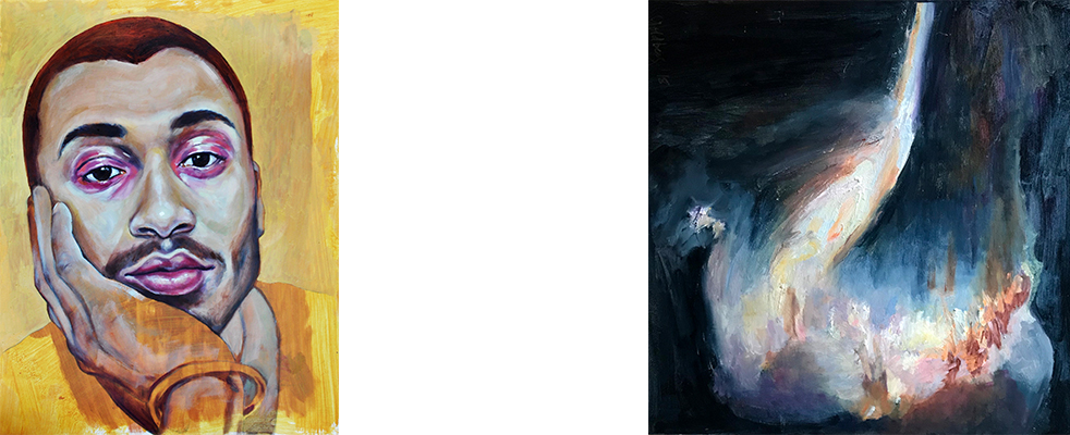 (Left) Temporality , Nicole Ida Fossi. Oil, acrylic, and colored pencil on paper, 18” x 24", 2018. (Right) Galaxy 1 , Suzanne Goldberg. Oil on Canvas, 24” x 24”. From the Galaxy series. 2018.