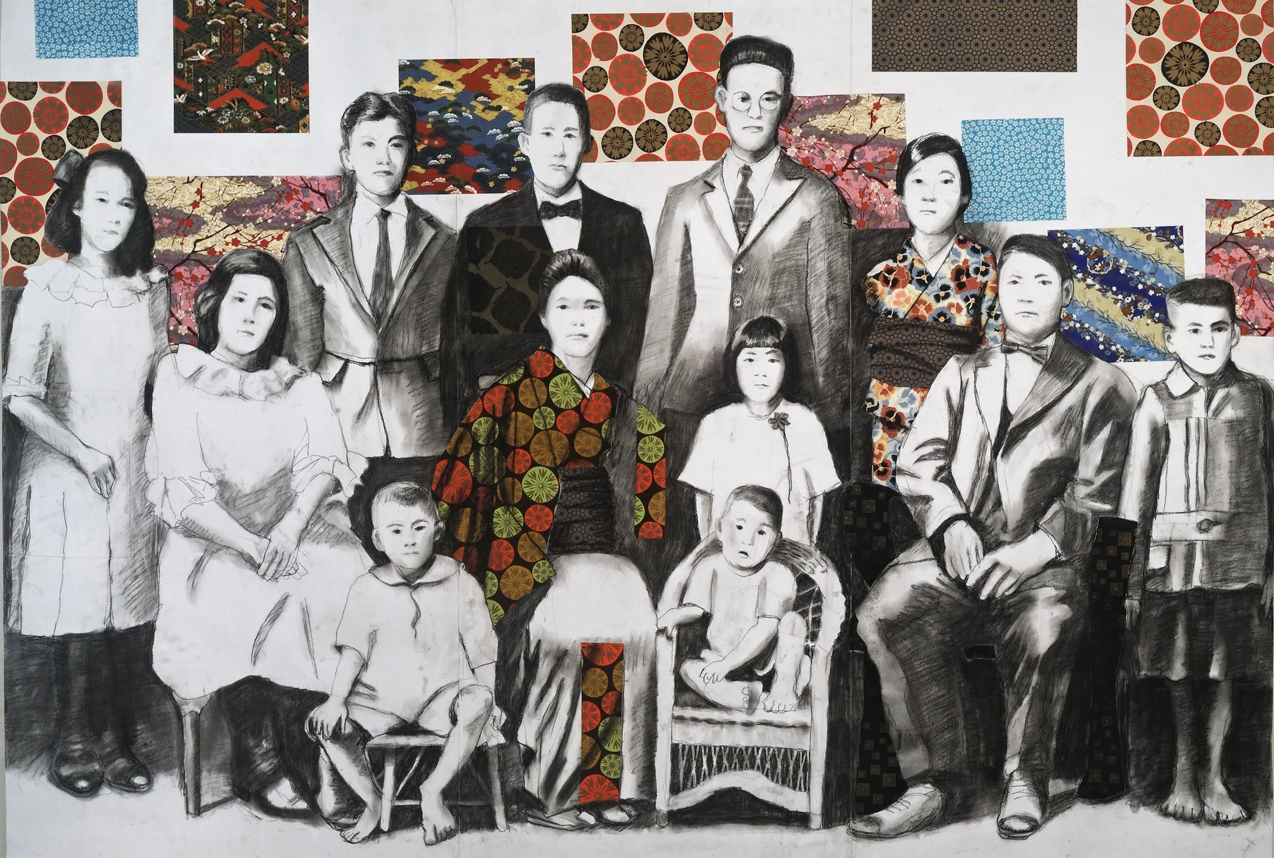 Ishii Family in Hawaii Charcoal &amp; collage on paper mounted on canvas 40” x 56” Click image to enlarge