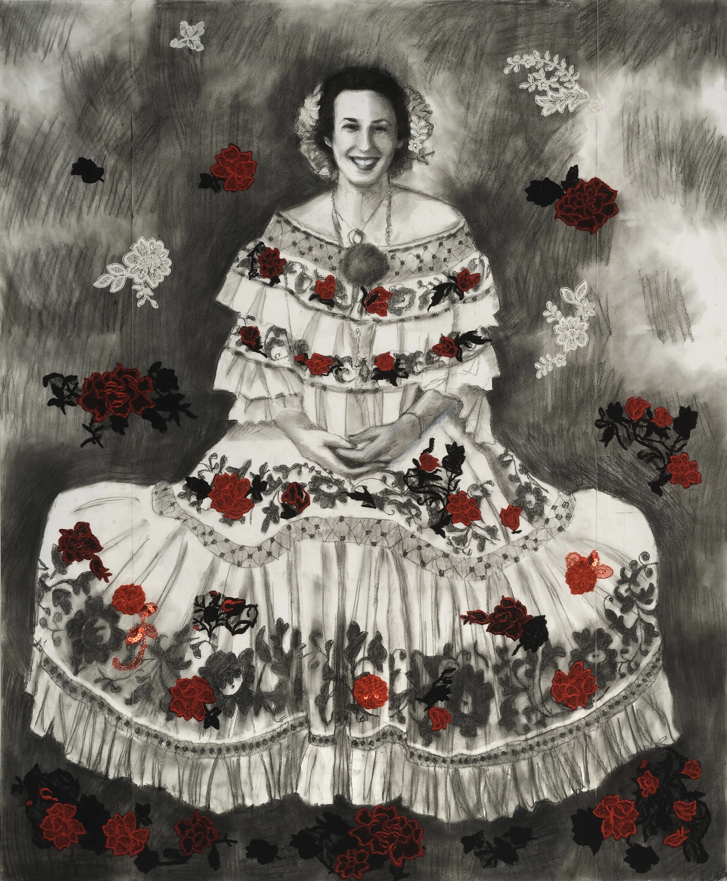 Dress Like a Wedding Cake Charcoal &amp; embroidery on paper 42” Click image to enlarge