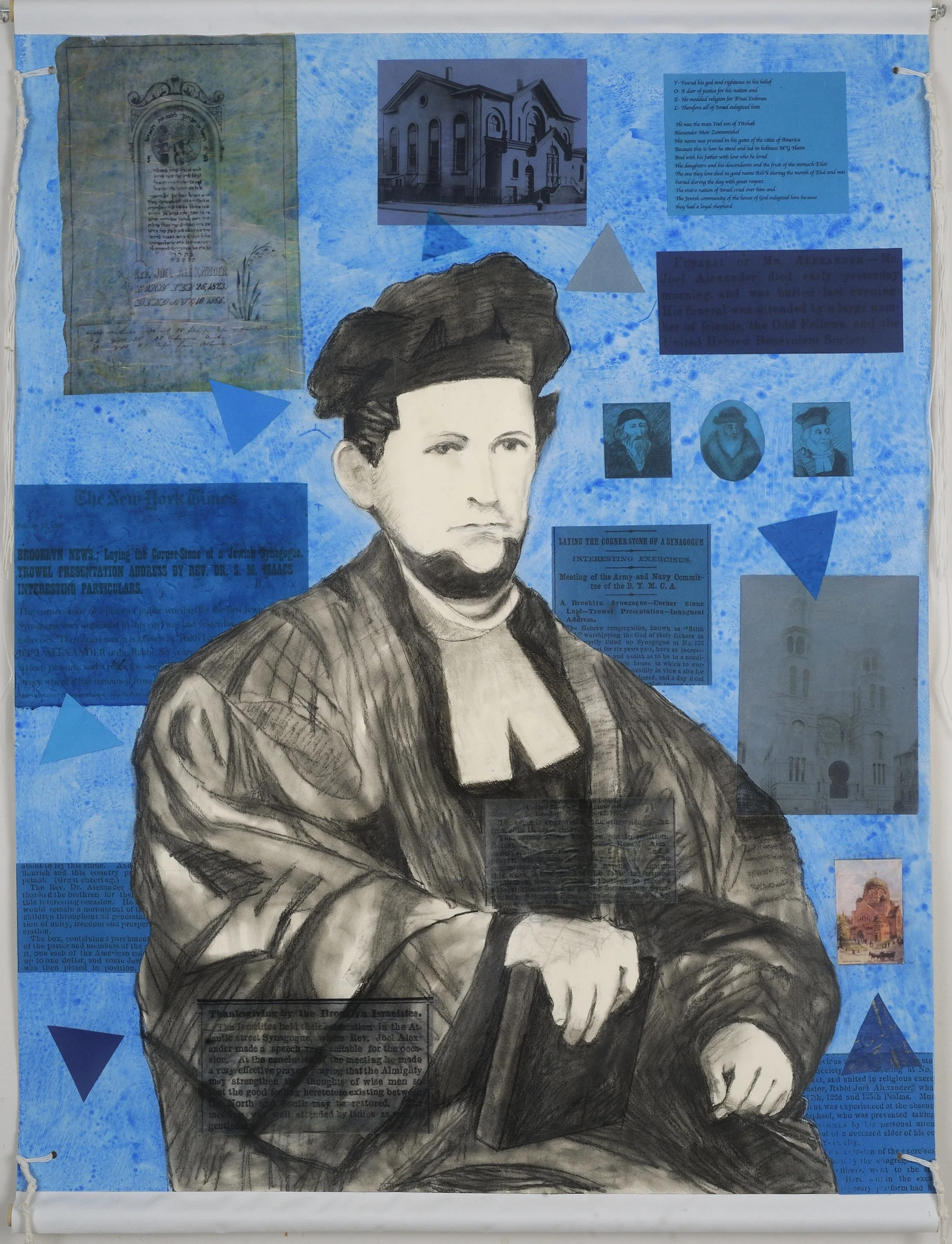 Rabbi Alexander Charcoal, acrylic, collage &amp; Kosher string on paper mounted on canvas 35” x 26” Click image to enlarge ⦿ Inquire
