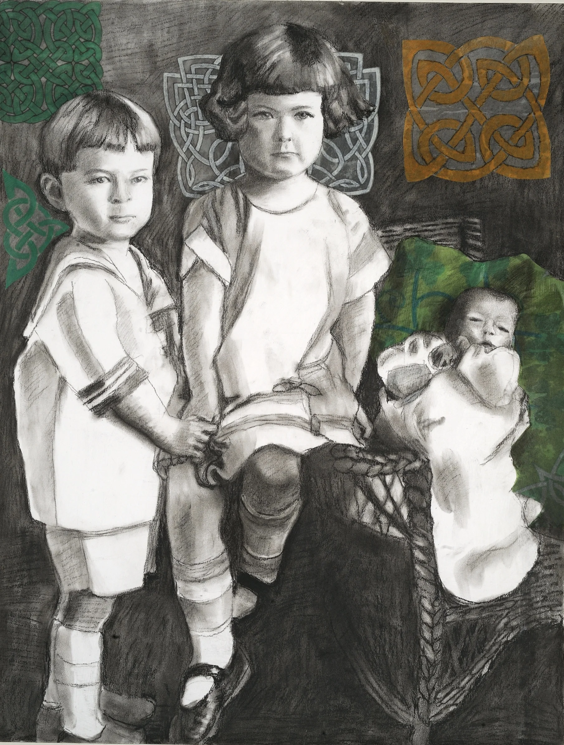The Christening Gown Charcoal &amp; collage on paper mounted on canvas 27.5” x 20” Click image to enlarge ⦿ Inquire