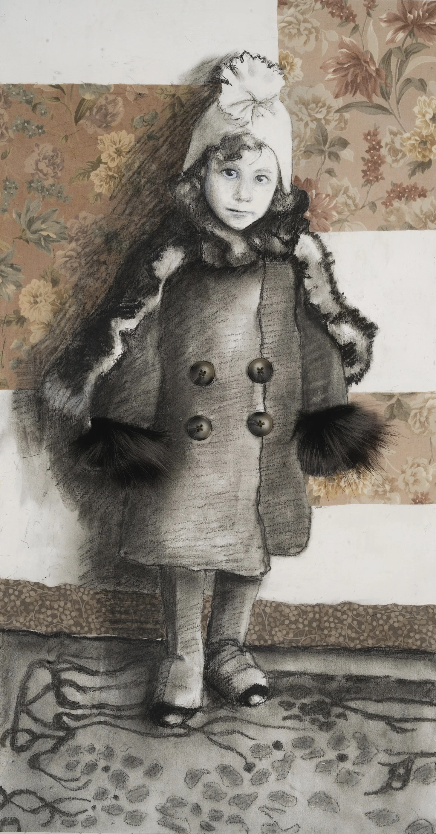 Lucky Girl Charcoal, fabric, buttons &amp; collage on paper mounted on canvas 28” x 14” Click image to enlarge
