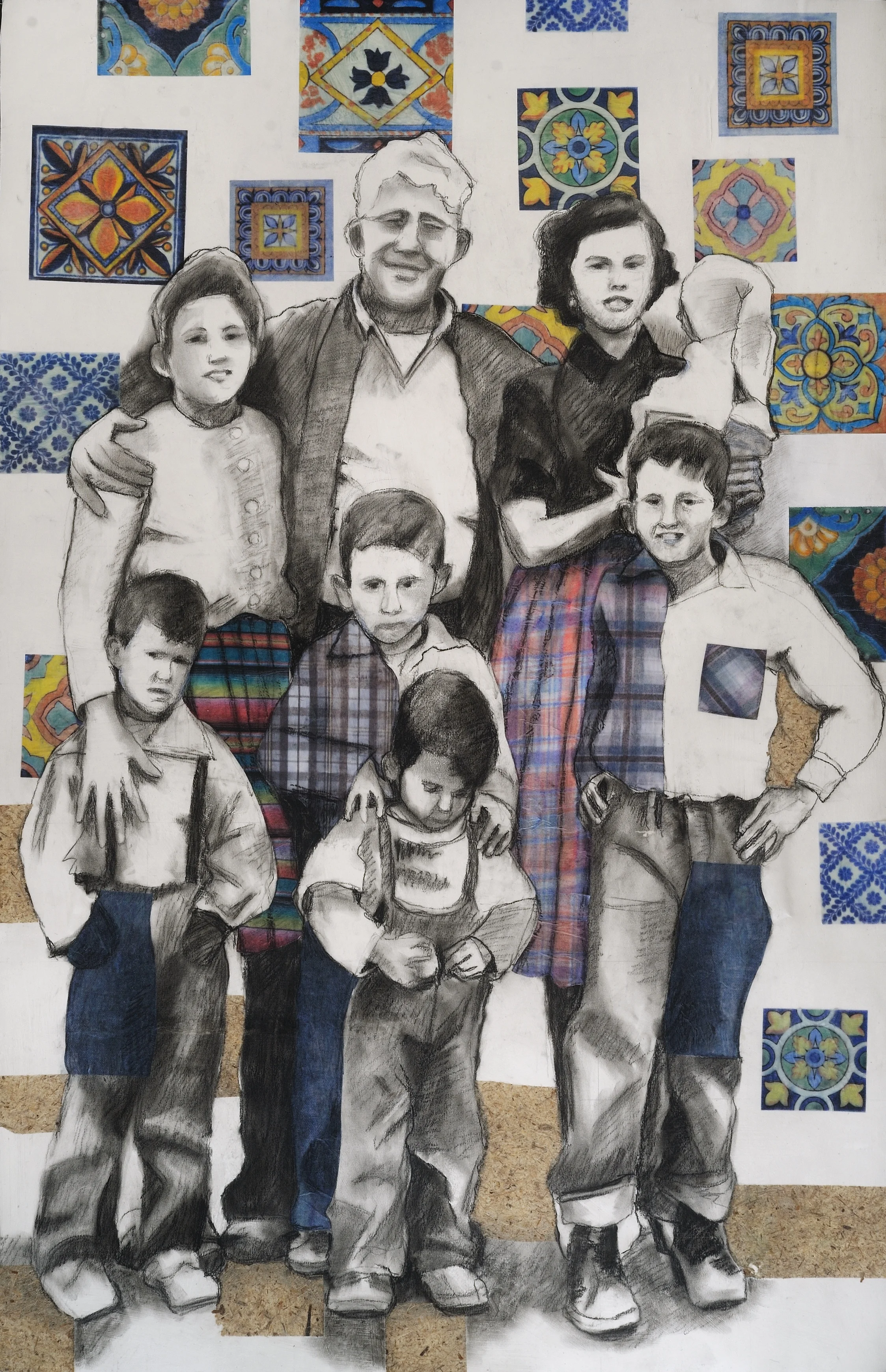 Mexican Family Charcoal &amp; collage on paper mounted on canvas 41” x 26” Click image to enlarge
